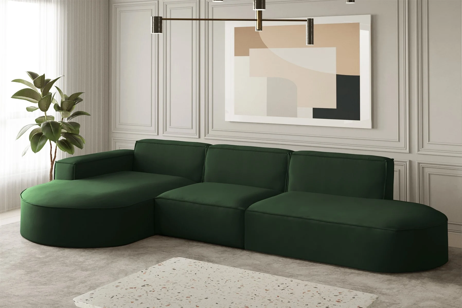 Ecksofa Designersofa PALMA in Stoff Opera Velvet Grün Ottomane Links - Fun Moebel