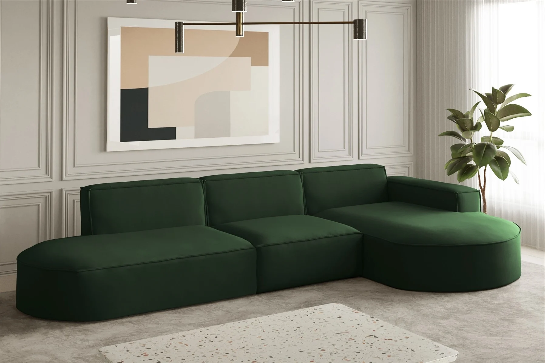 Ecksofa Designersofa PALMA in Stoff Opera Velvet Grün Ottomane Rechts - Fun Moebel