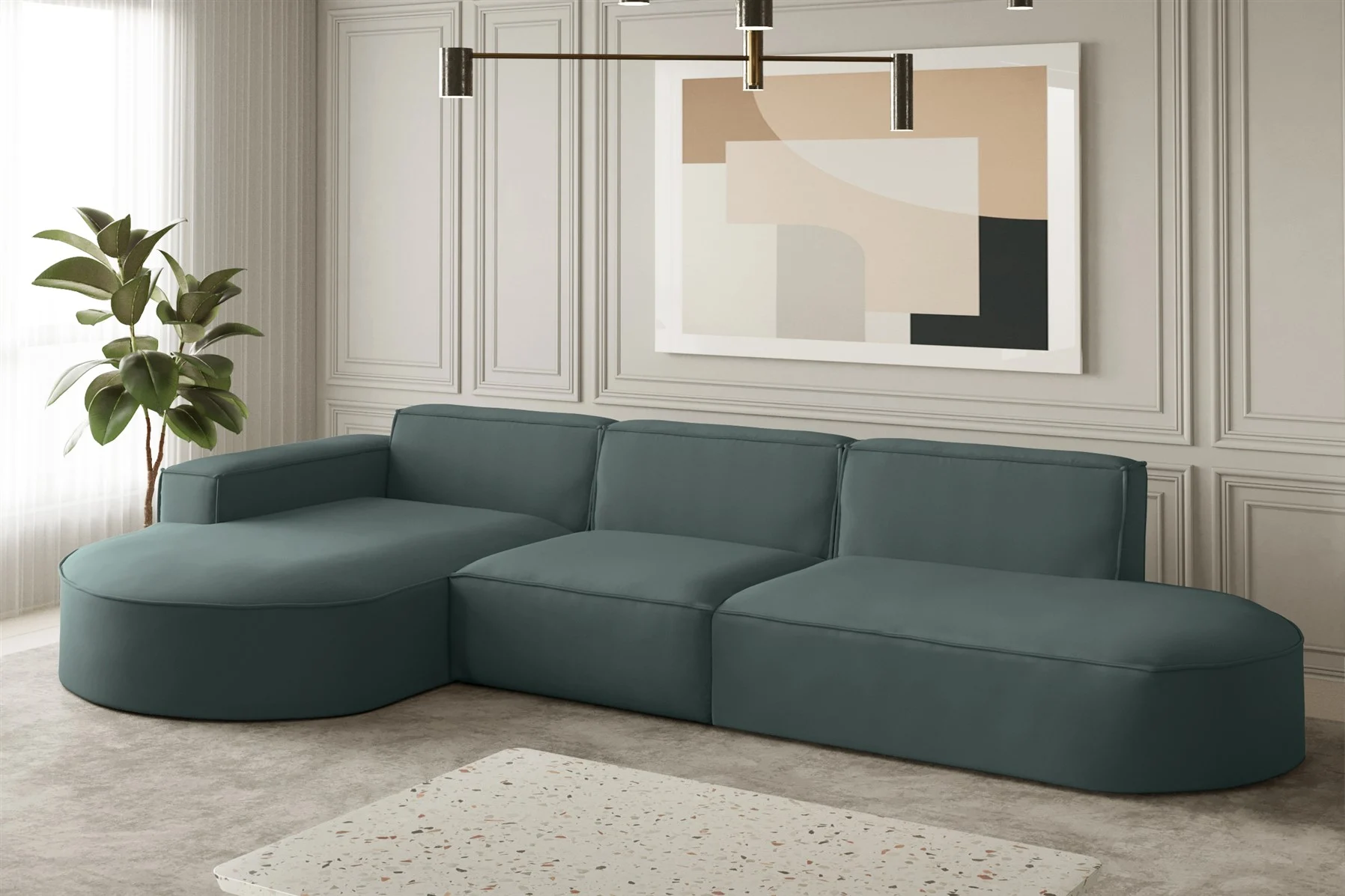 Ecksofa Designersofa PALMA in Stoff Opera Velvet Opalgrün Ottomane Links - Fun Moebel