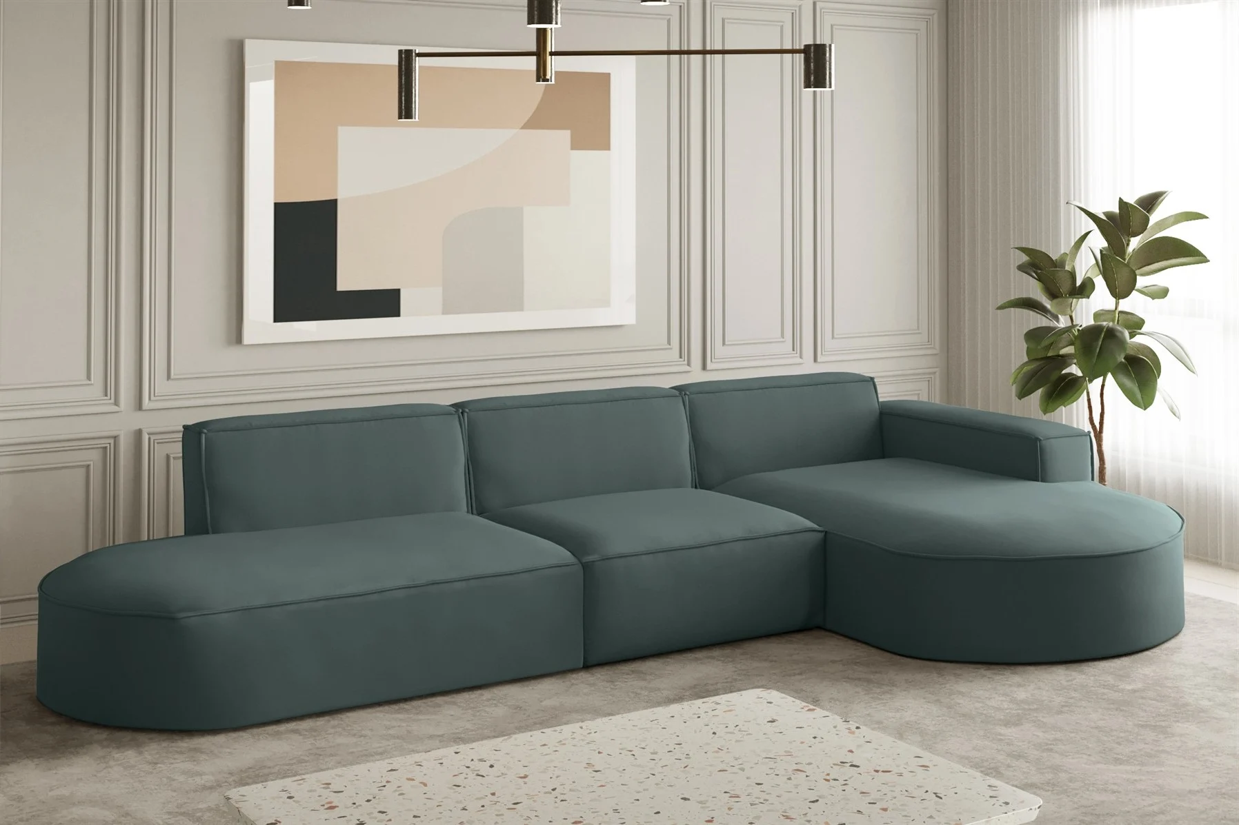 Ecksofa Designersofa PALMA in Stoff Opera Velvet Opalgrün Ottomane Rechts - Fun Moebel