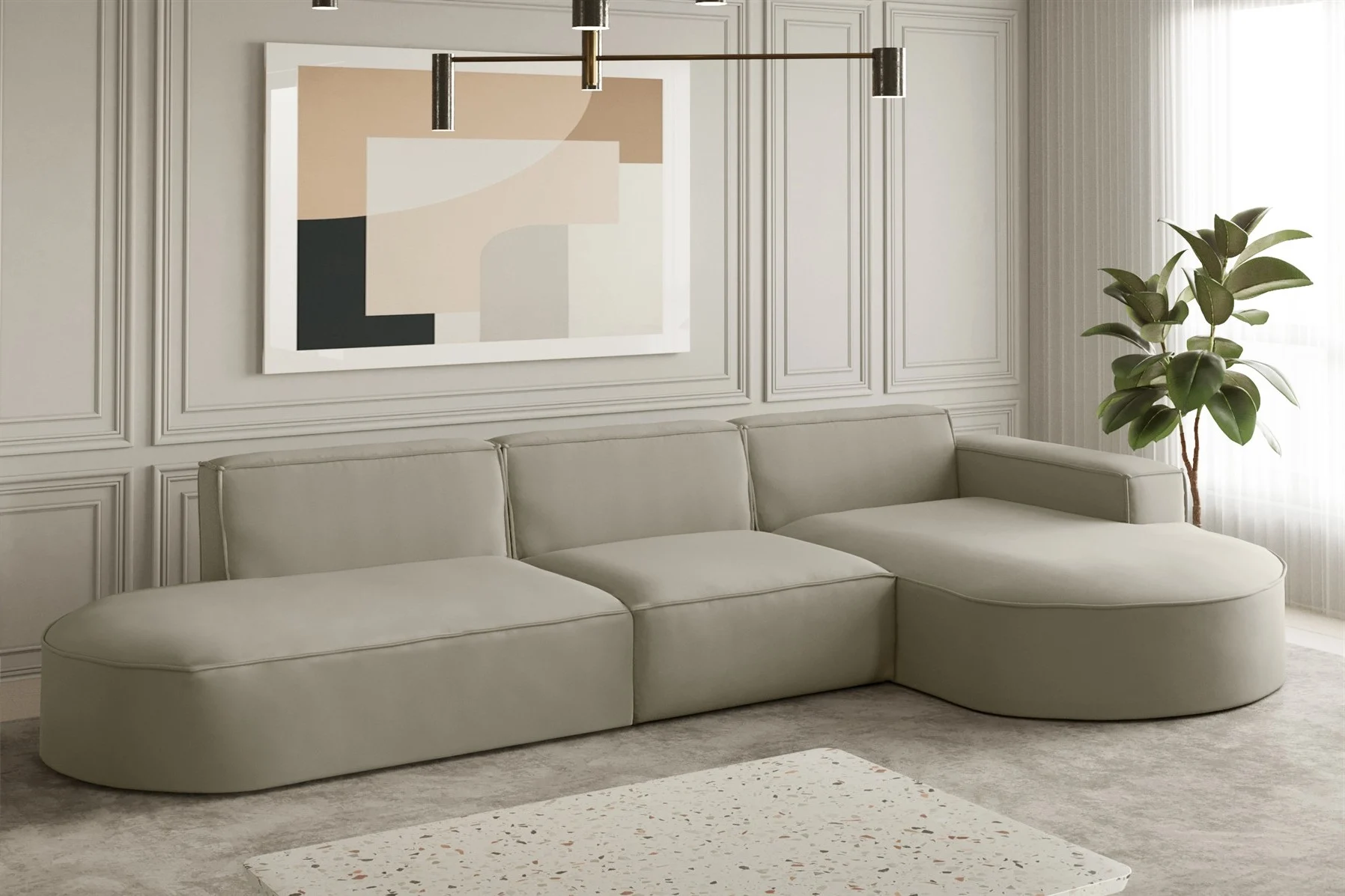 Ecksofa Designersofa PALMA in Stoff Opera Velvet Pearl Ottomane Rechts - Fun Moebel