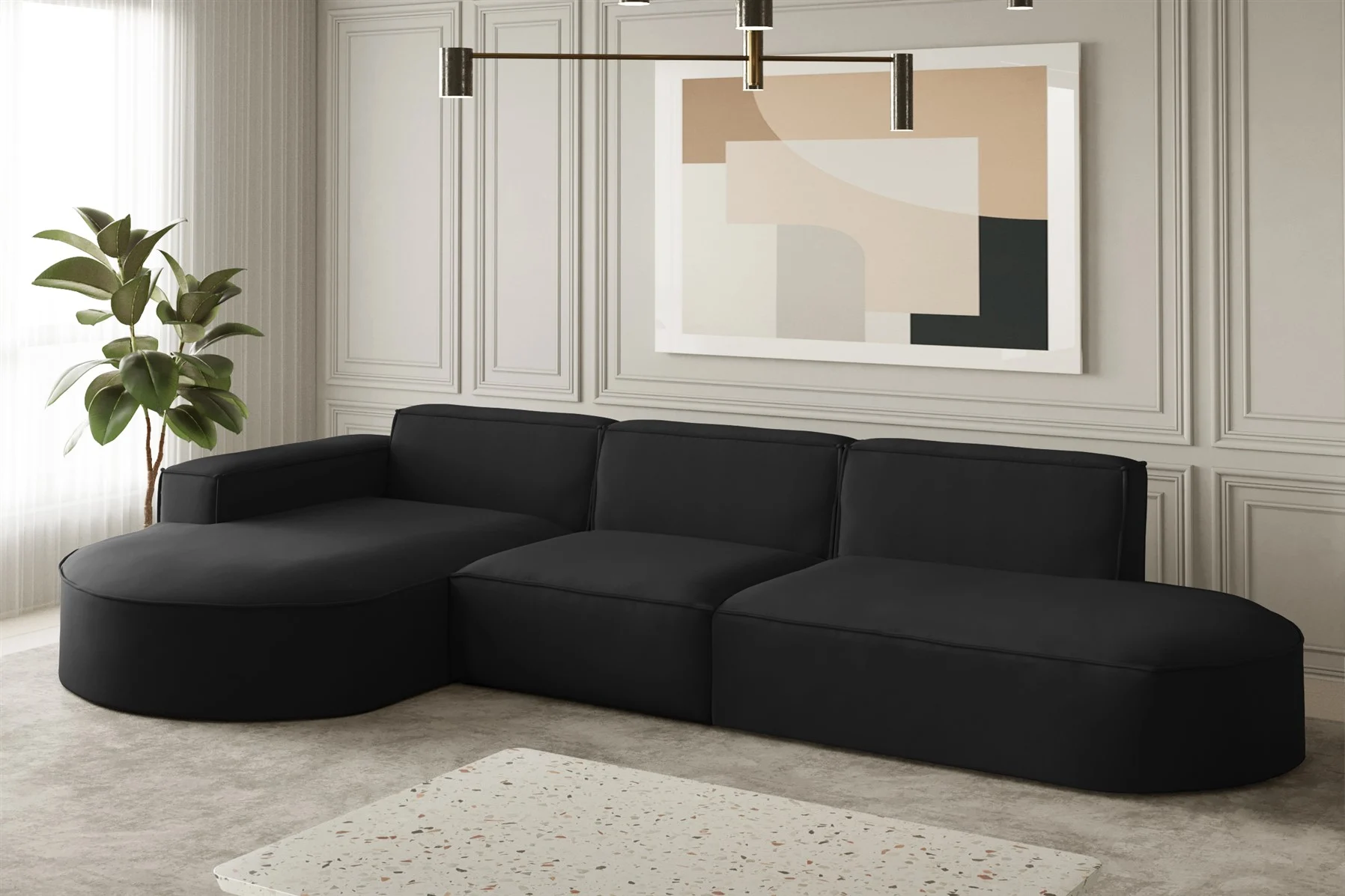 Ecksofa Designersofa PALMA in Stoff Opera Velvet Schwarz Ottomane Links - Fun Moebel