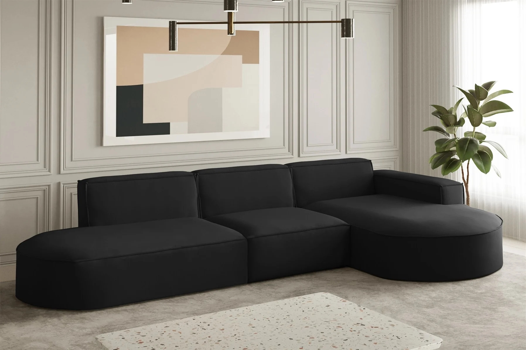 Ecksofa Designersofa PALMA in Stoff Opera Velvet Schwarz Ottomane Rechts - Fun Moebel