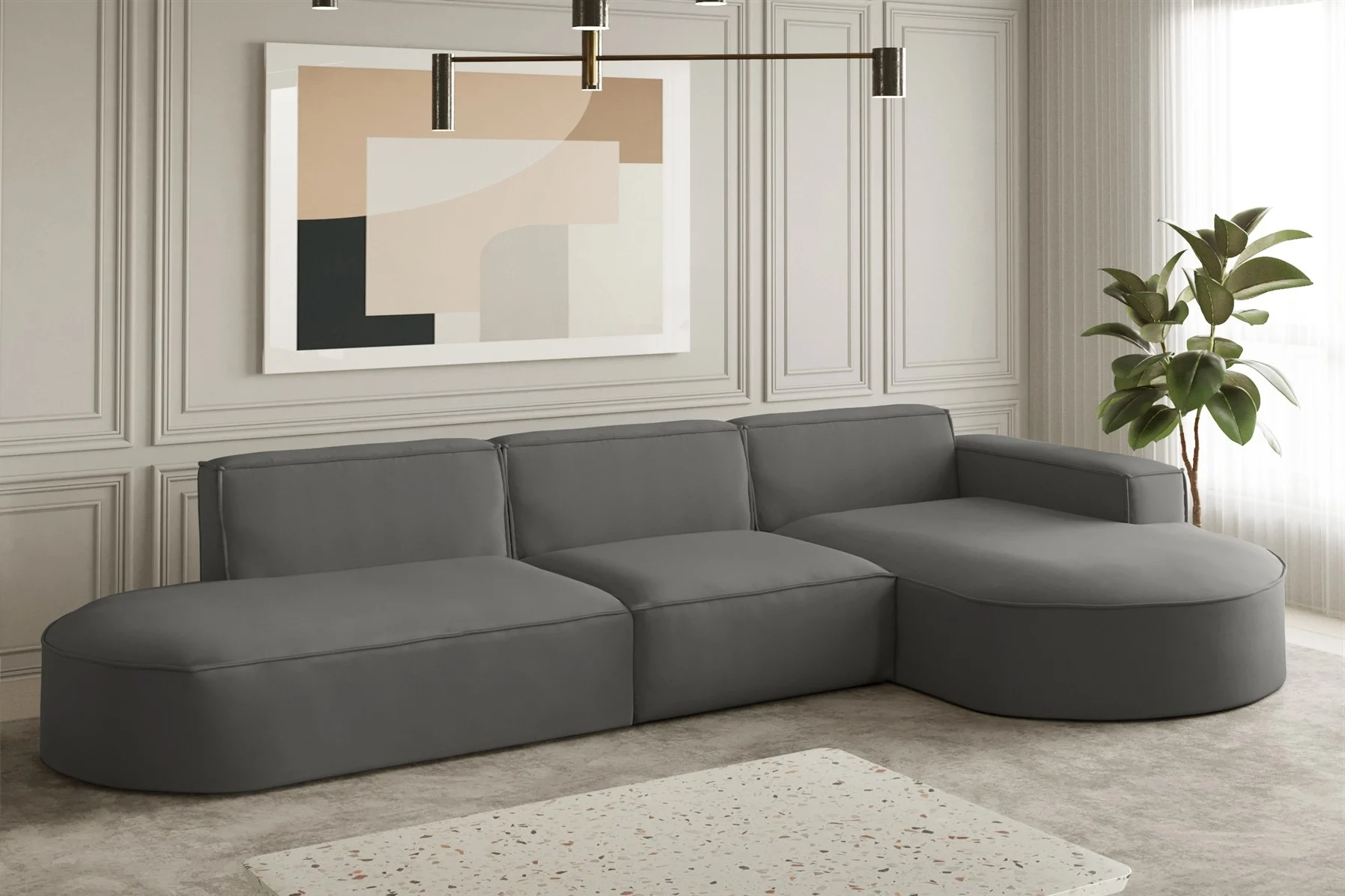 Ecksofa Designersofa PALMA in Stoff Opera Velvet Steel Ottomane Rechts - Fun Moebel