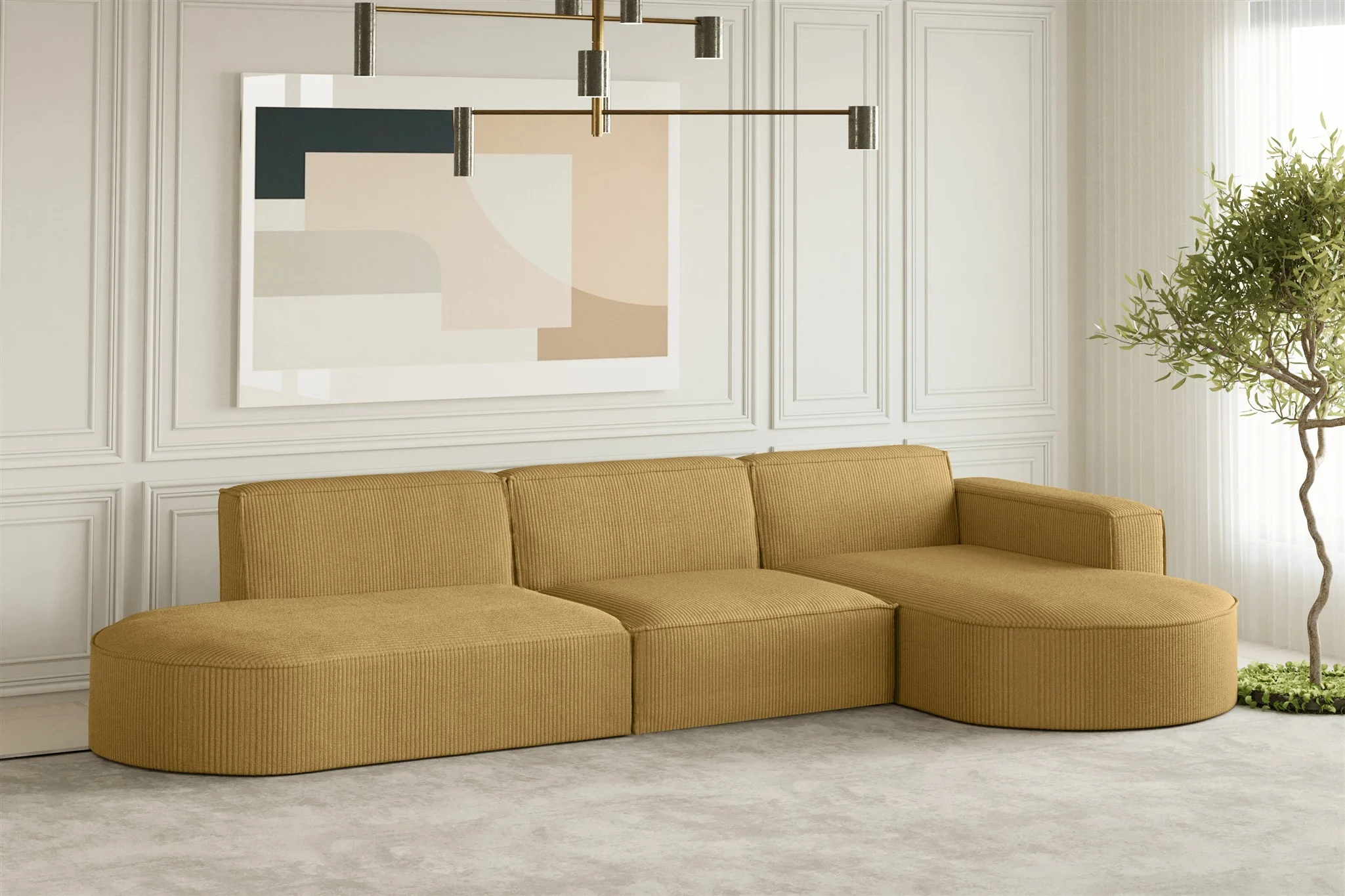 Ecksofa Designersofa PALMA in Stoff Scala Senfgelb Ottomane Rechts - Fun Moebel