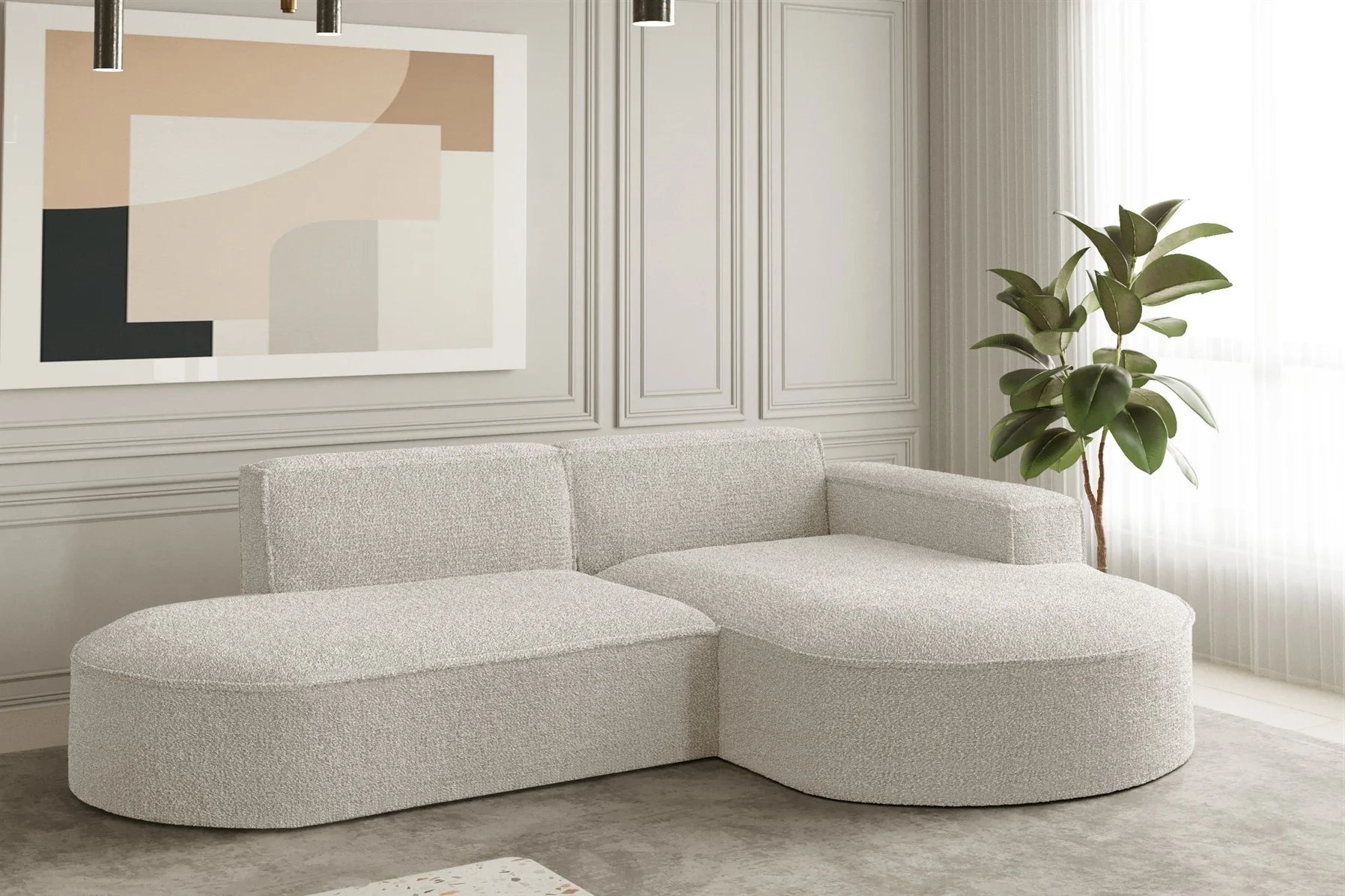 Ecksofa Designersofa PALMA XS in Stoff Ascot Beige Ottomane Rechts - Fun Moebel