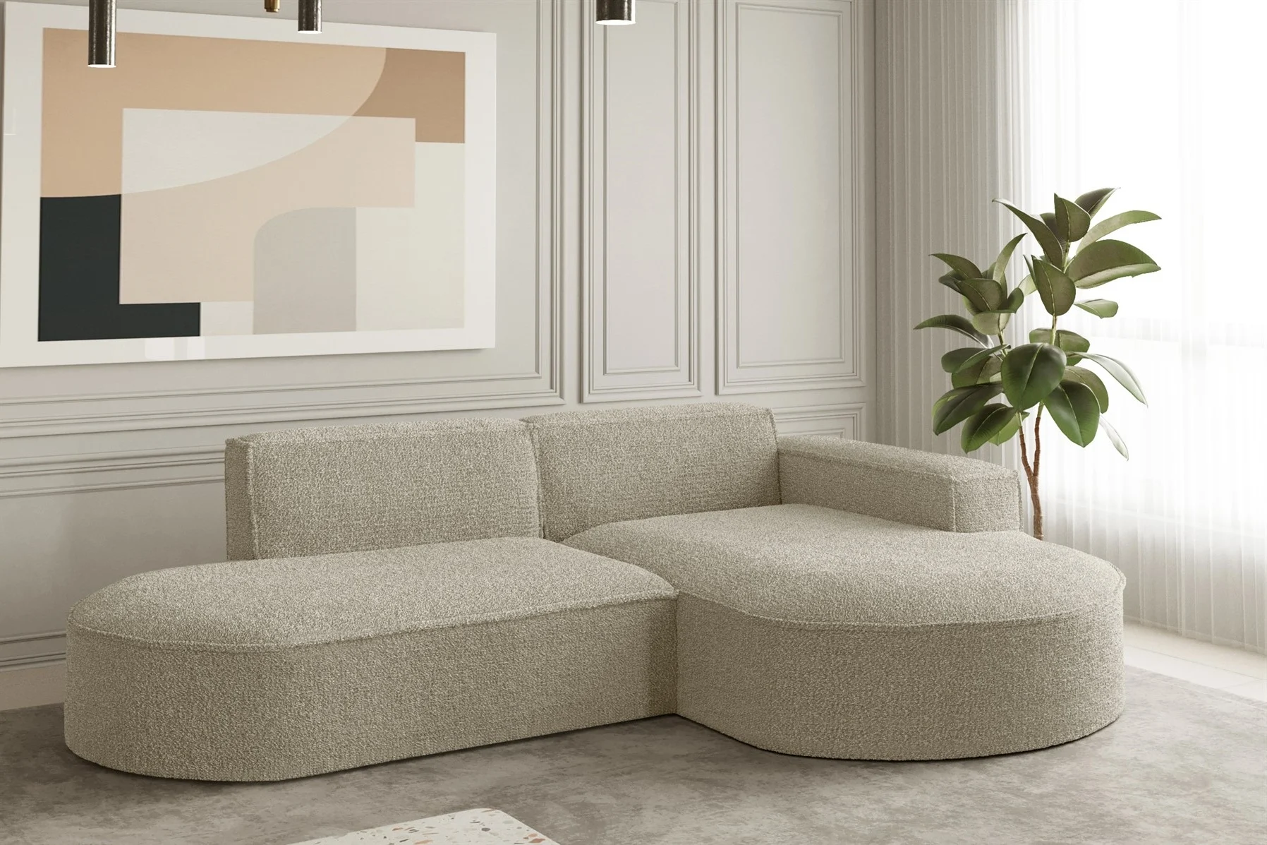 Ecksofa Designersofa PALMA XS in Stoff Ascot Champagne Ottomane Rechts - Fun Moebel