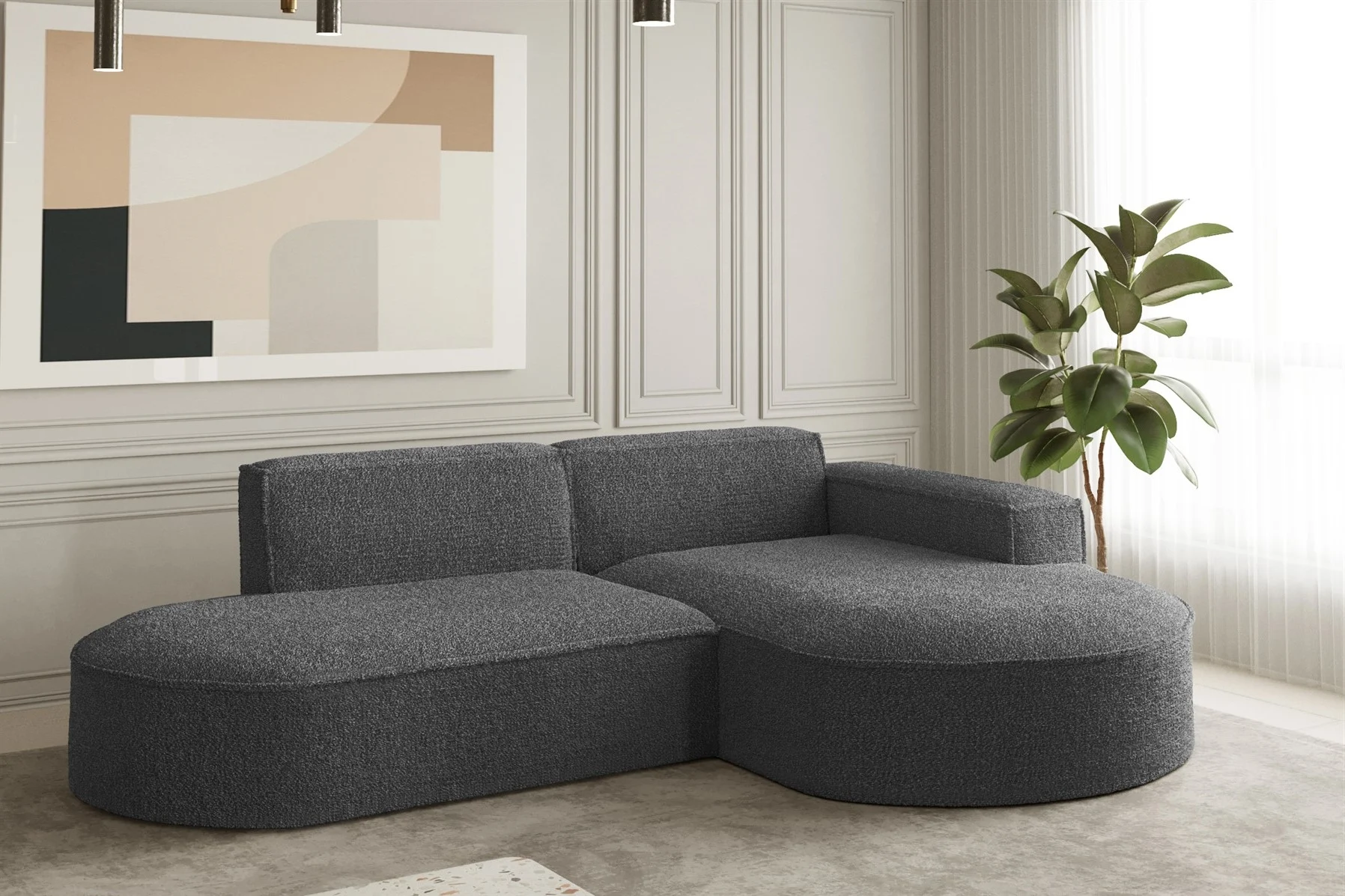 Ecksofa Designersofa PALMA XS in Stoff Ascot Graphitgrau Ottomane Rechts - Fun Moebel