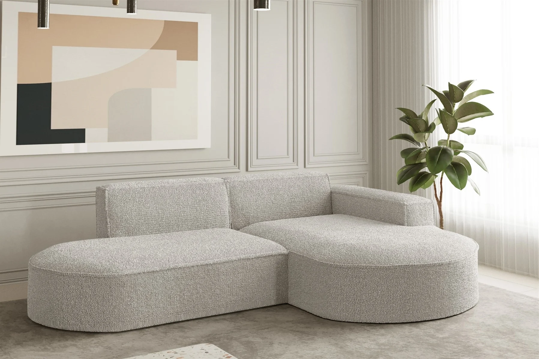 Ecksofa Designersofa PALMA XS in Stoff Ascot Pearl Ottomane Rechts - Fun Moebel
