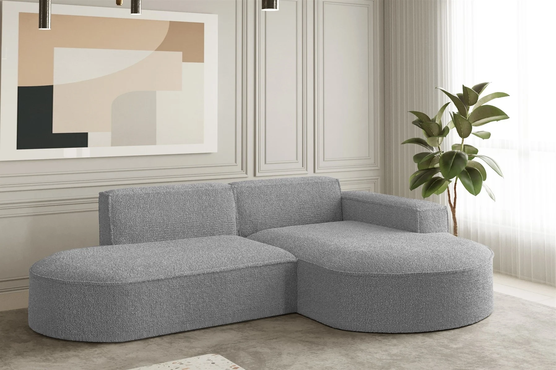Ecksofa Designersofa PALMA XS in Stoff Ascot Taupe Ottomane Rechts - Fun Moebel