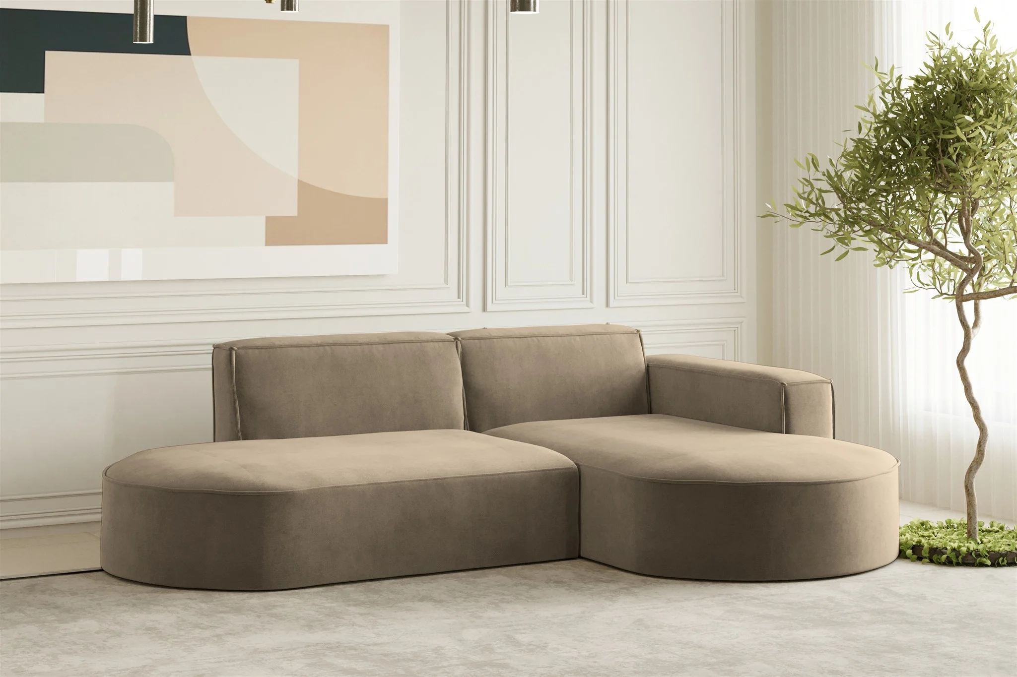 Ecksofa Designersofa PALMA XS in Stoff Noel Braun Ottomane Rechts - Fun Moebel