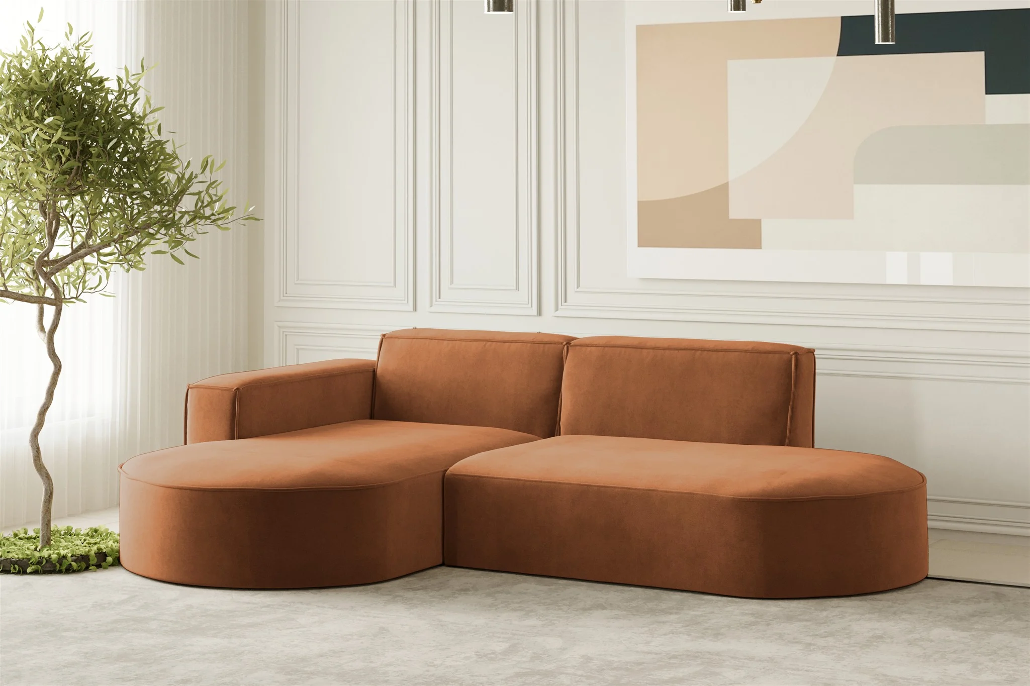 Ecksofa Designersofa PALMA XS in Stoff Noel Ziegelrot Ottomane Links - Fun Moebel