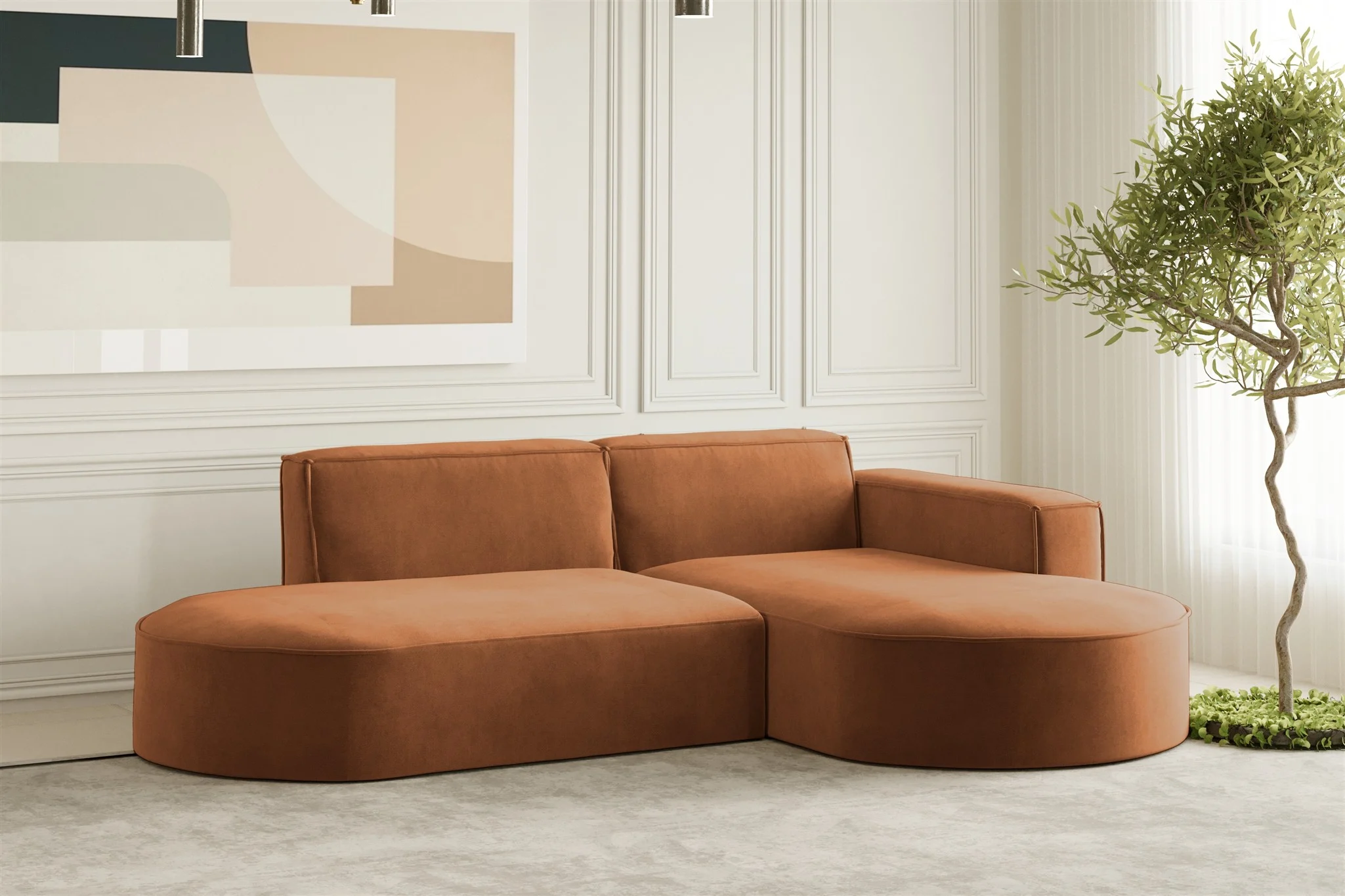 Ecksofa Designersofa PALMA XS in Stoff Noel Ziegelrot Ottomane Rechts - Fun Moebel