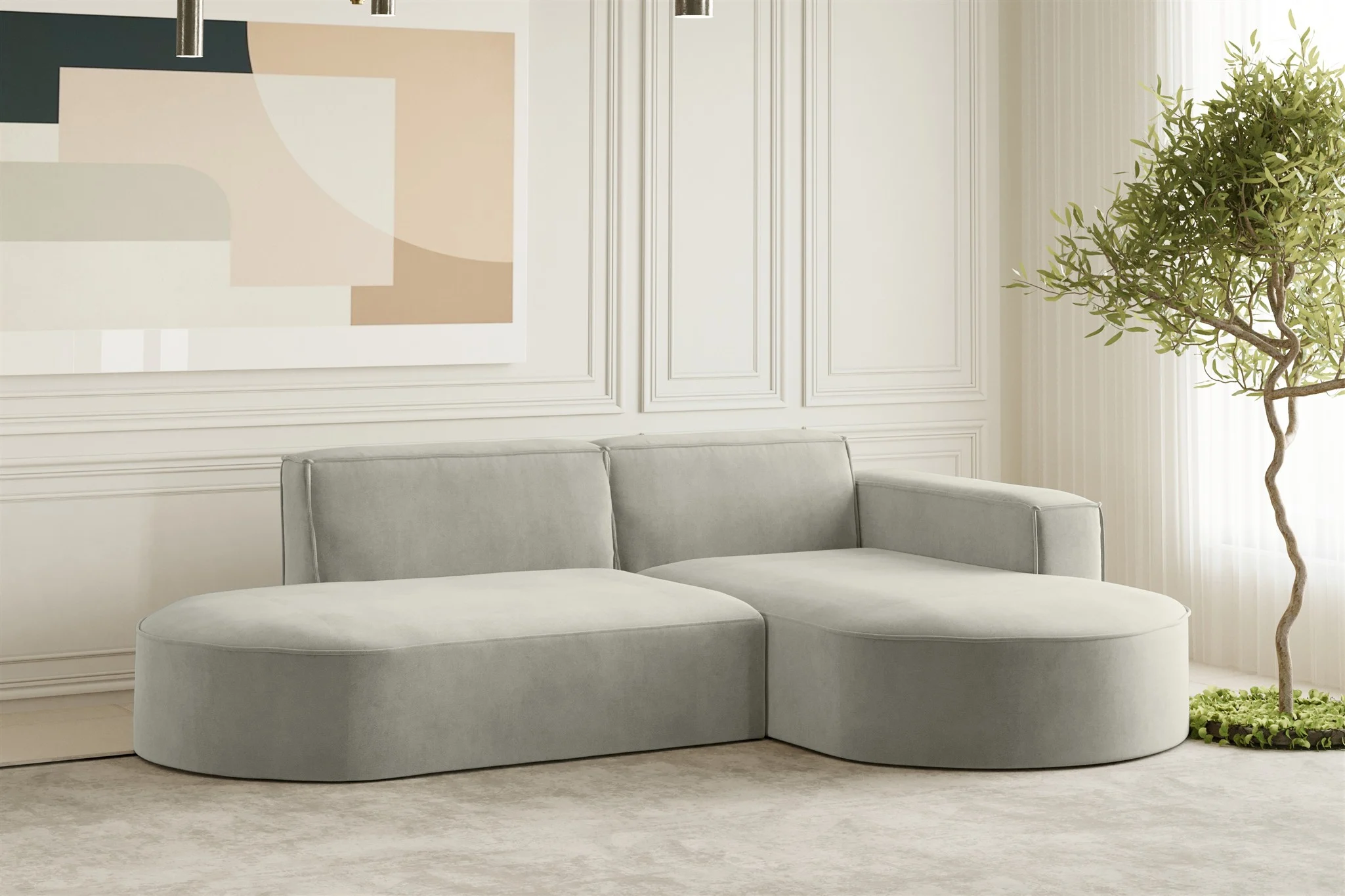 Ecksofa Designersofa PALMA XS in Stoff Noel Hellgrau Ottomane Rechts - Fun Moebel