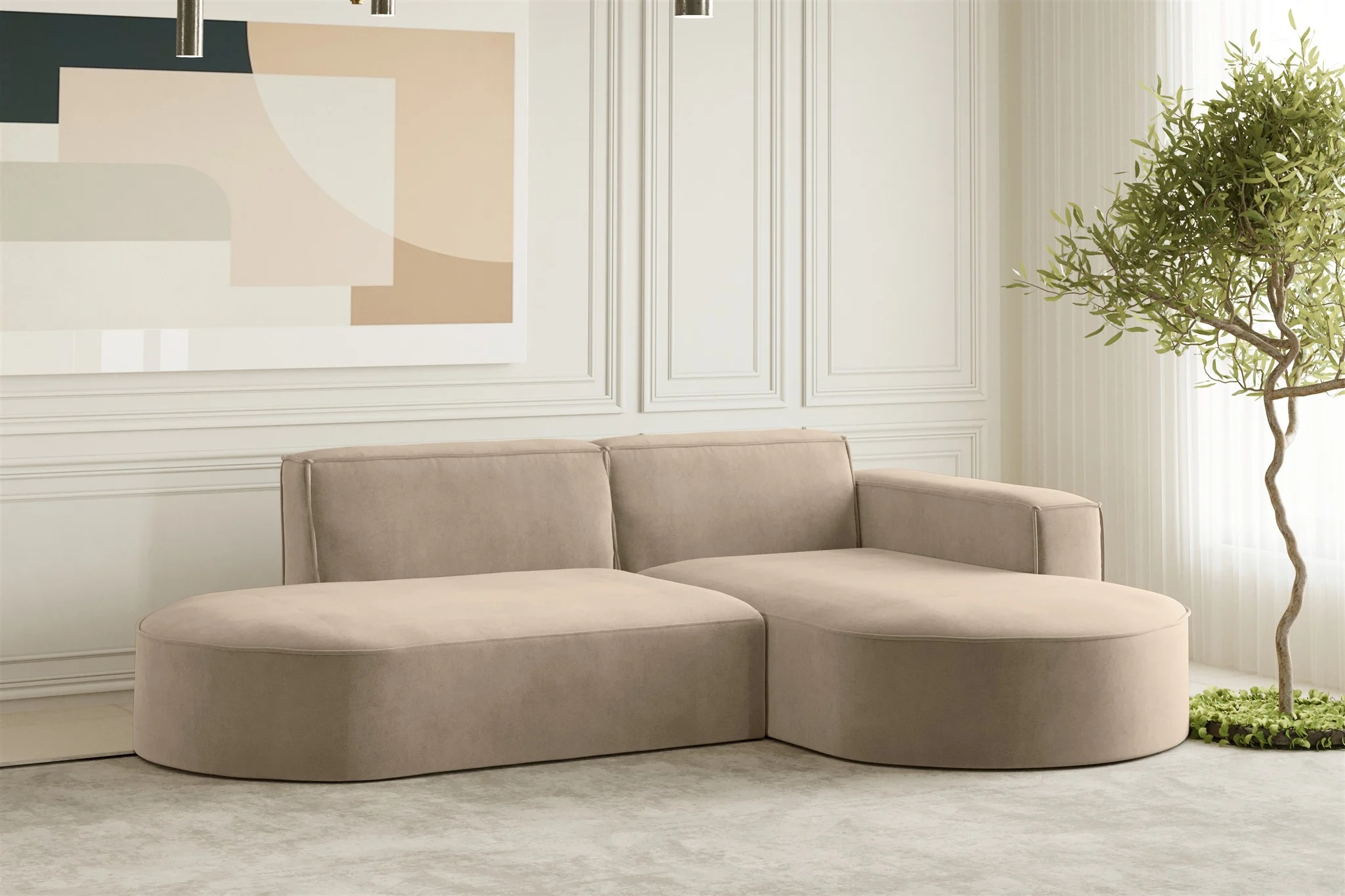 Ecksofa Designersofa PALMA XS in Stoff Noel Beige Ottomane Rechts - Fun Moebel