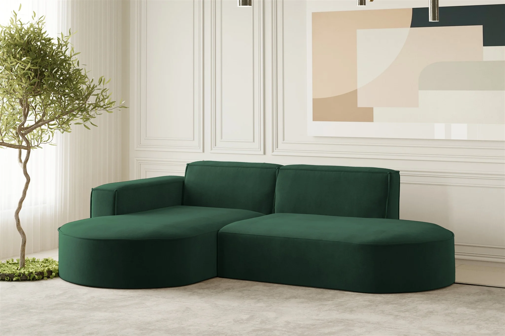Ecksofa Designersofa PALMA XS in Stoff Noel Grün Ottomane Links - Fun Moebel
