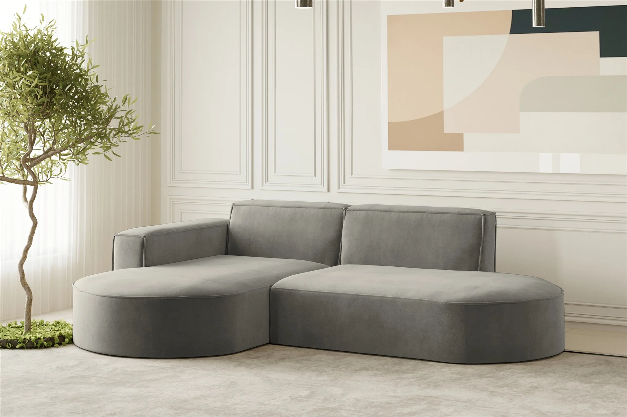 Ecksofa Designersofa PALMA XS in Stoff Noel Grau Ottomane Links - Fun Moebel