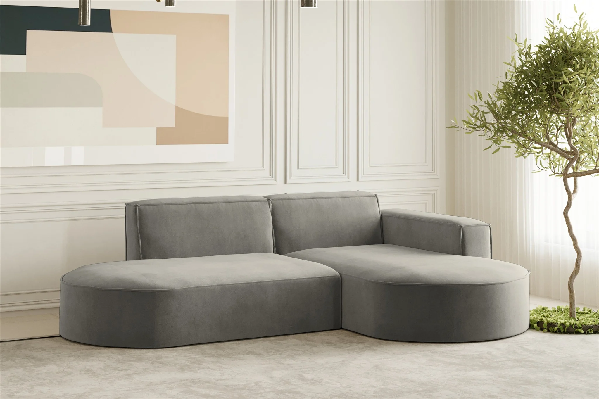 Ecksofa Designersofa PALMA XS in Stoff Noel Grau Ottomane Rechts - Fun Moebel