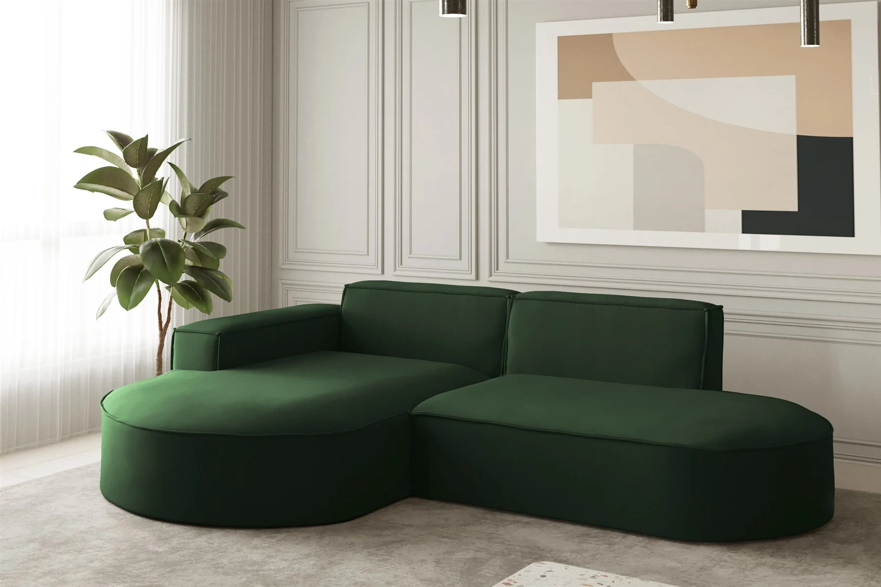 Ecksofa Designersofa PALMA XS in Stoff Opera Velvet Grün Ottomane Links - Fun Moebel