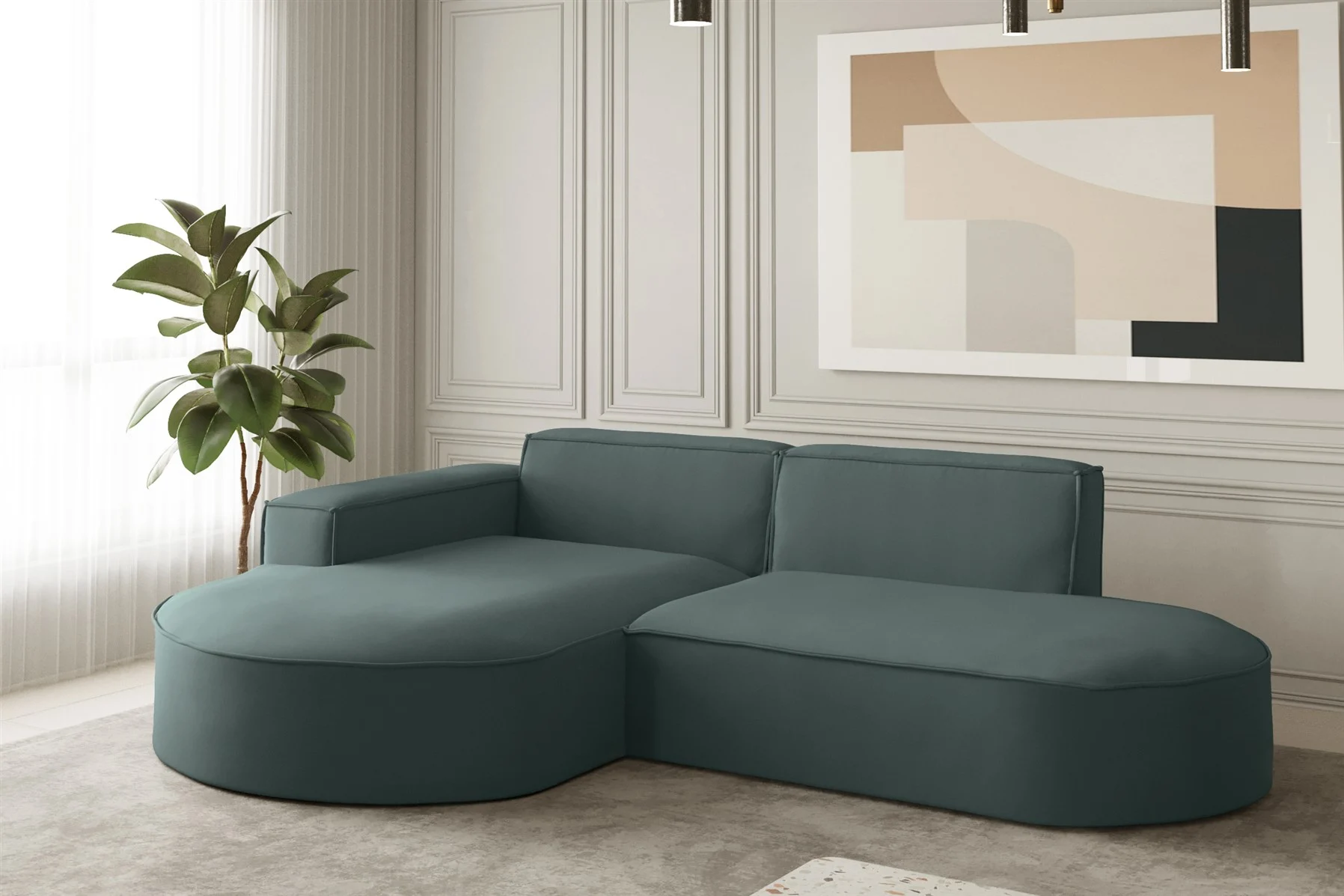 Ecksofa Designersofa PALMA XS in Stoff Opera Velvet Opalgrün Ottomane Links - Fun Moebel