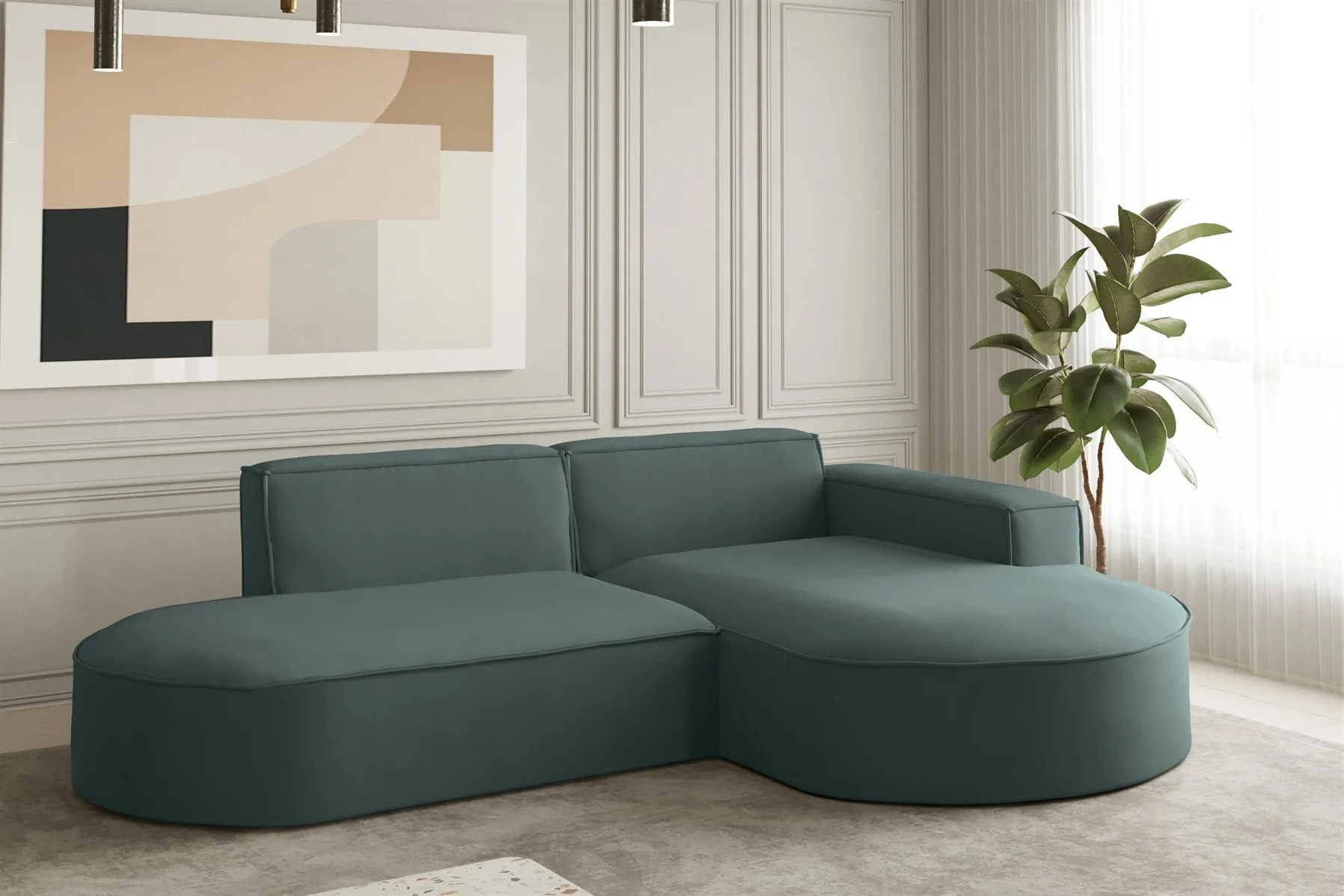 Ecksofa Designersofa PALMA XS in Stoff Opera Velvet Opalgrün Ottomane Rechts - Fun Moebel
