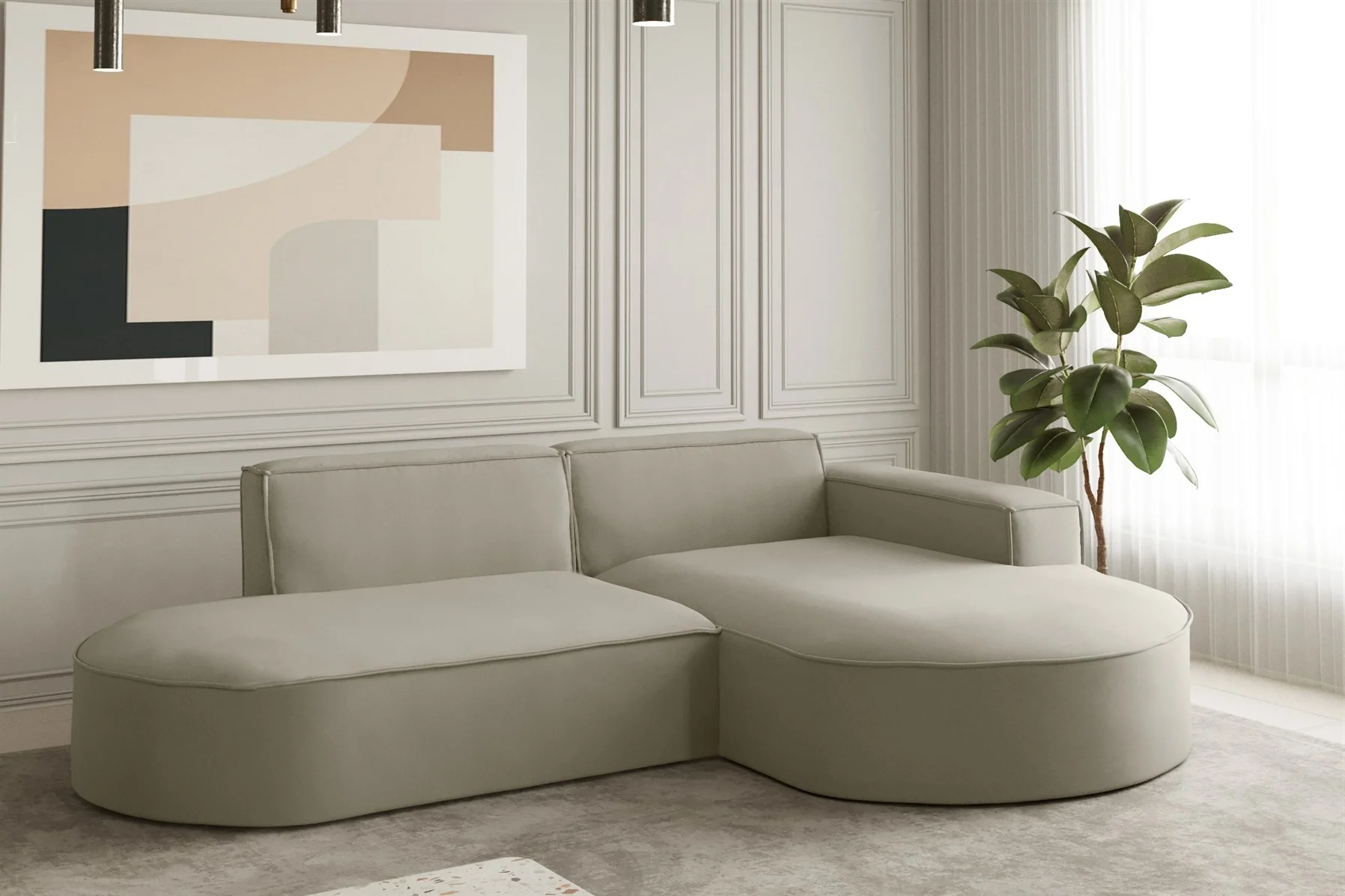 Ecksofa Designersofa PALMA XS in Stoff Opera Velvet Pearl Ottomane Rechts - Fun Moebel