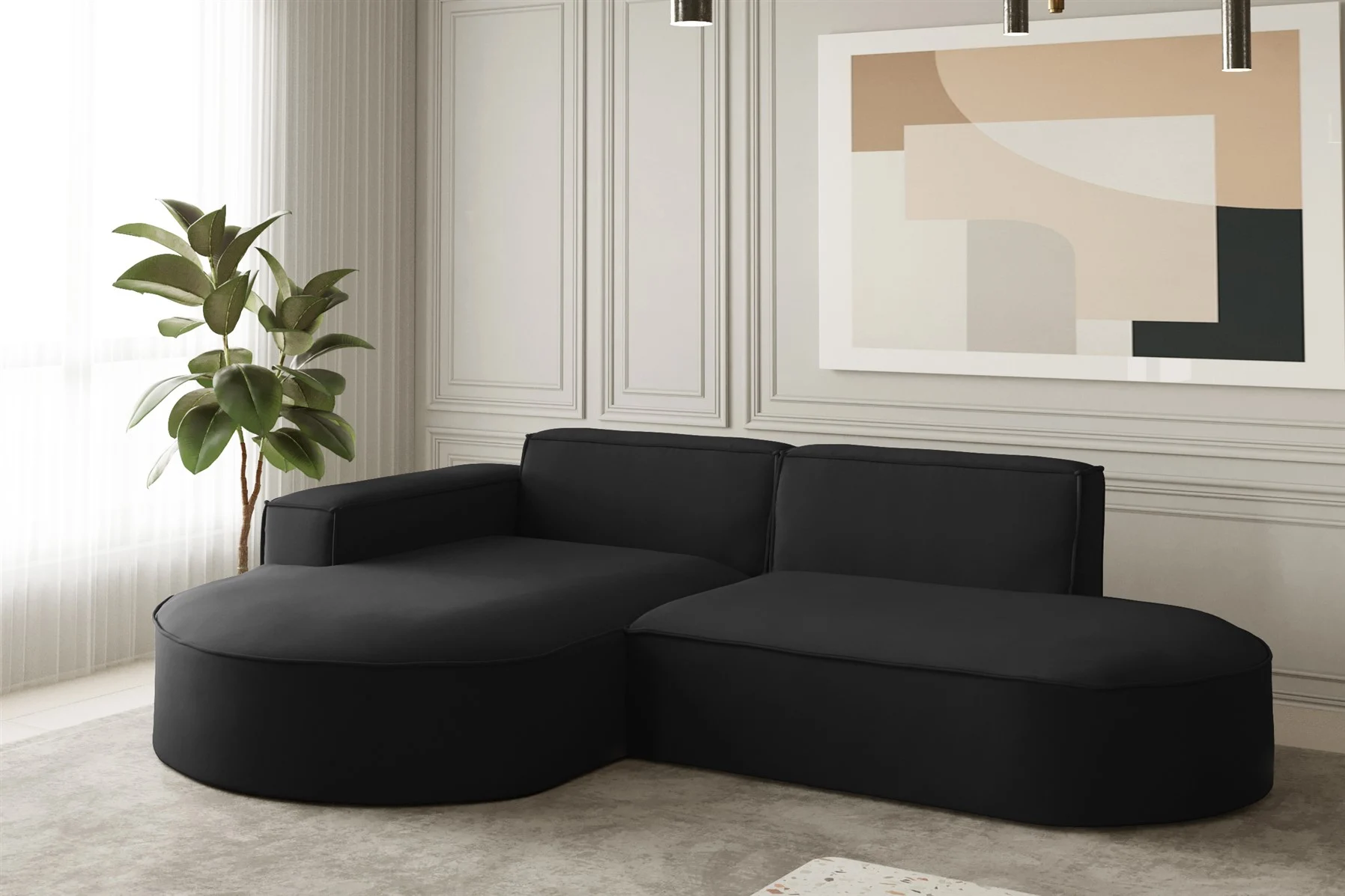 Ecksofa Designersofa PALMA XS in Stoff Opera Velvet Schwarz Ottomane Links - Fun Moebel