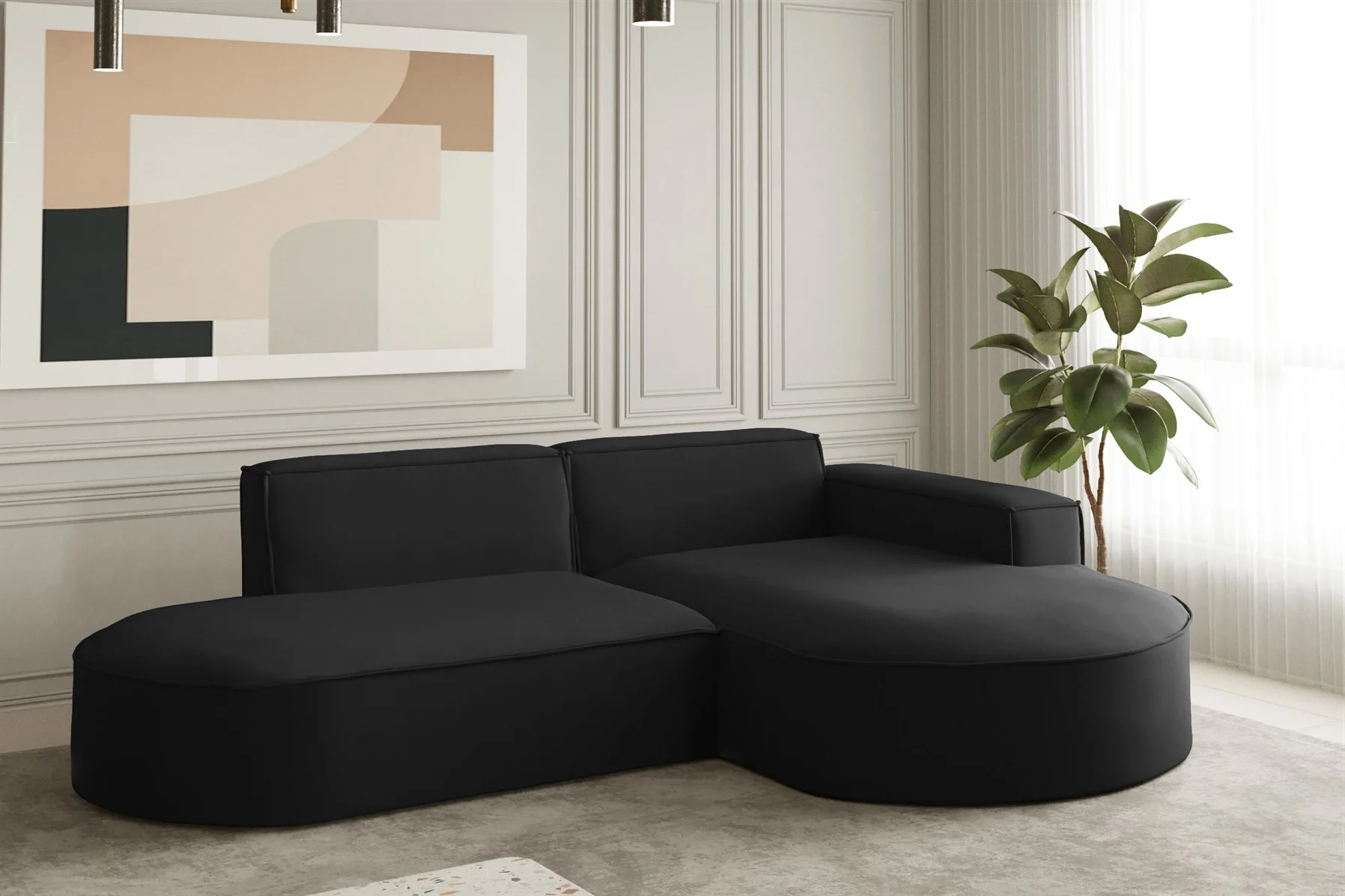 Ecksofa Designersofa PALMA XS in Stoff Opera Velvet Schwarz Ottomane Rechts - Fun Moebel