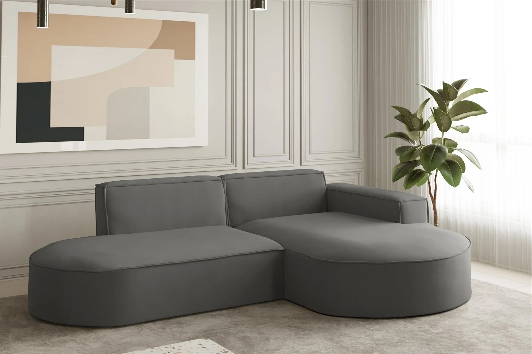 Ecksofa Designersofa PALMA XS in Stoff Opera Velvet Steel Ottomane Rechts - Fun Moebel