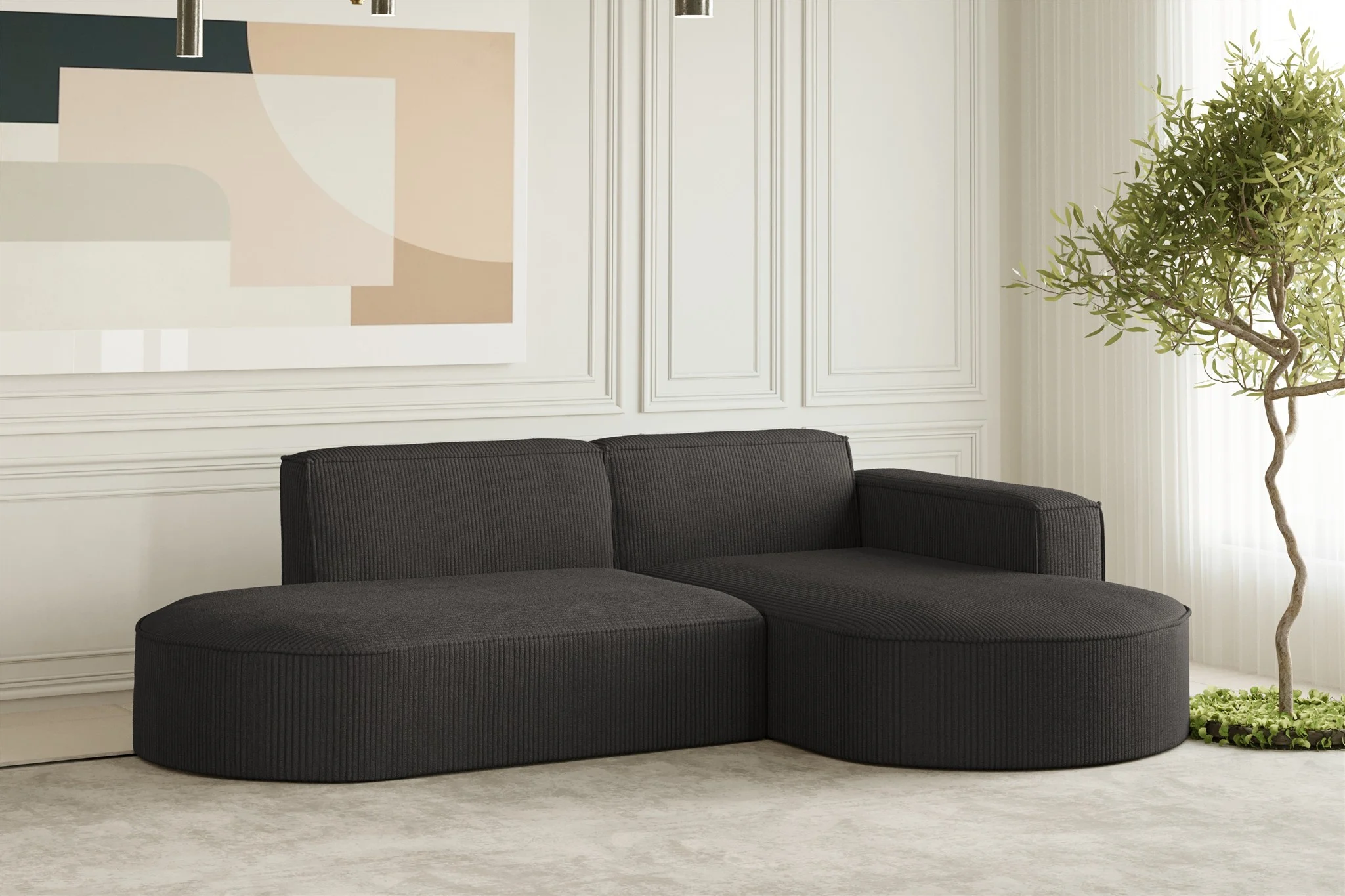 Ecksofa Designersofa PALMA XS in Stoff Scala Anthrazit Ottomane Rechts - Fun Moebel