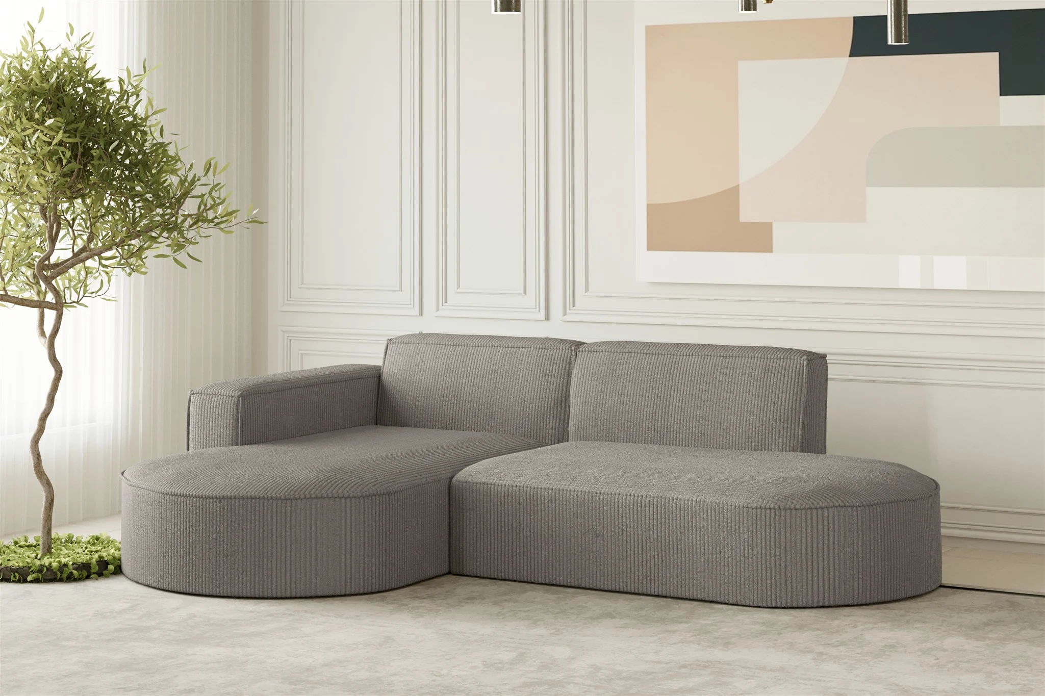 Ecksofa Designersofa PALMA XS in Stoff Scala Grau Ottomane Links - Fun Moebel