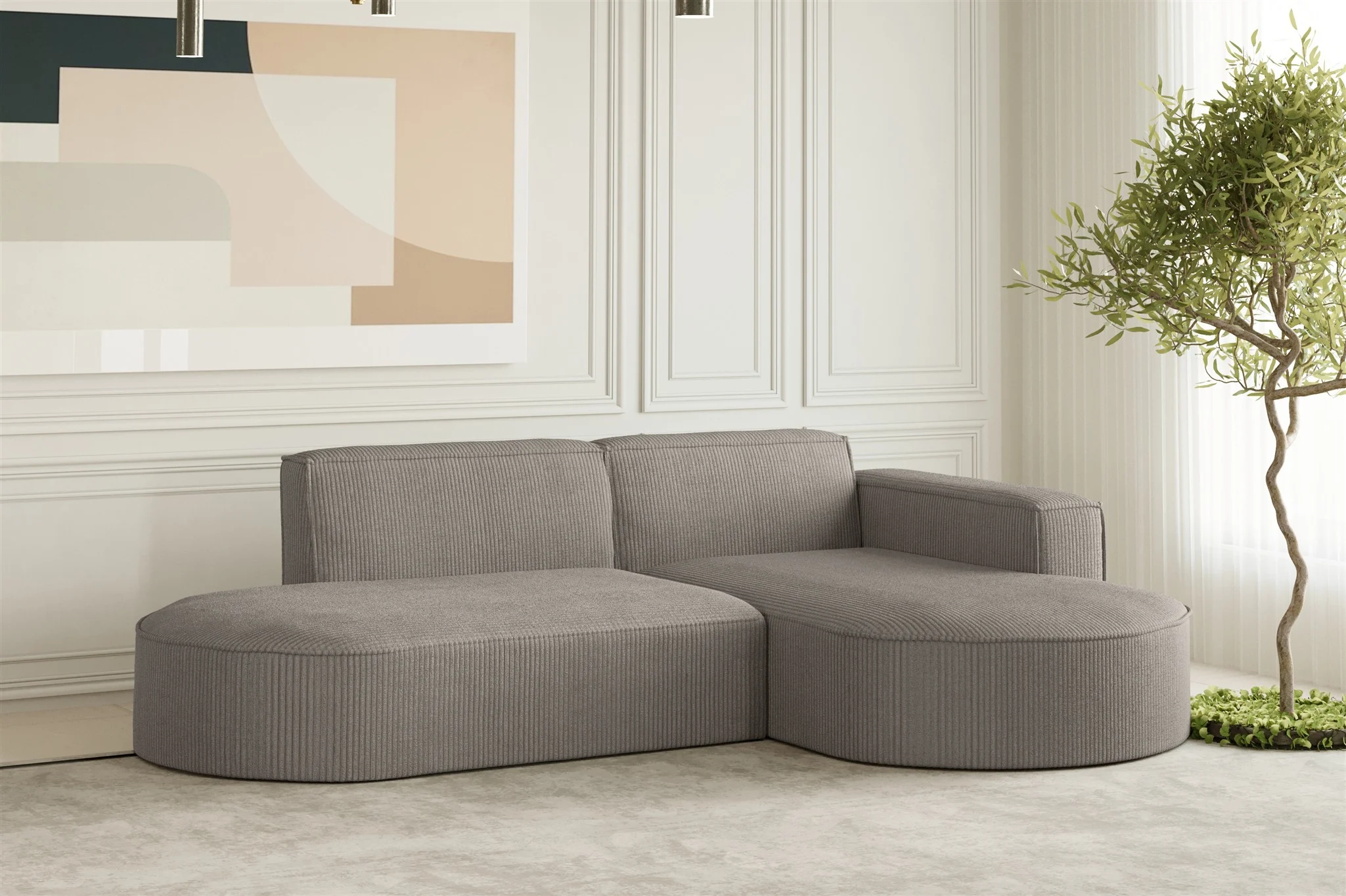 Ecksofa Designersofa PALMA XS in Stoff Scala Grau Ottomane Rechts - Fun Moebel