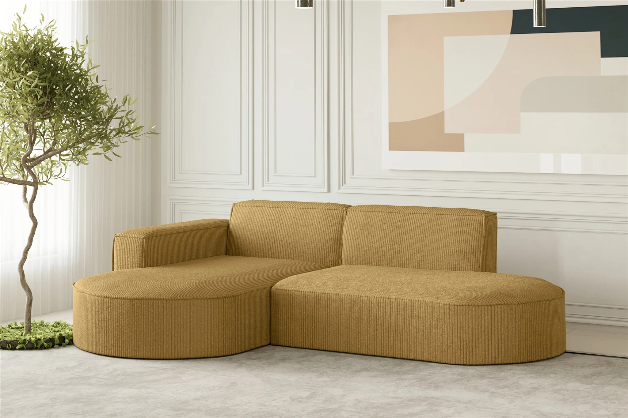 Ecksofa Designersofa PALMA XS in Stoff Scala Senfgelb Ottomane Links - Fun Moebel