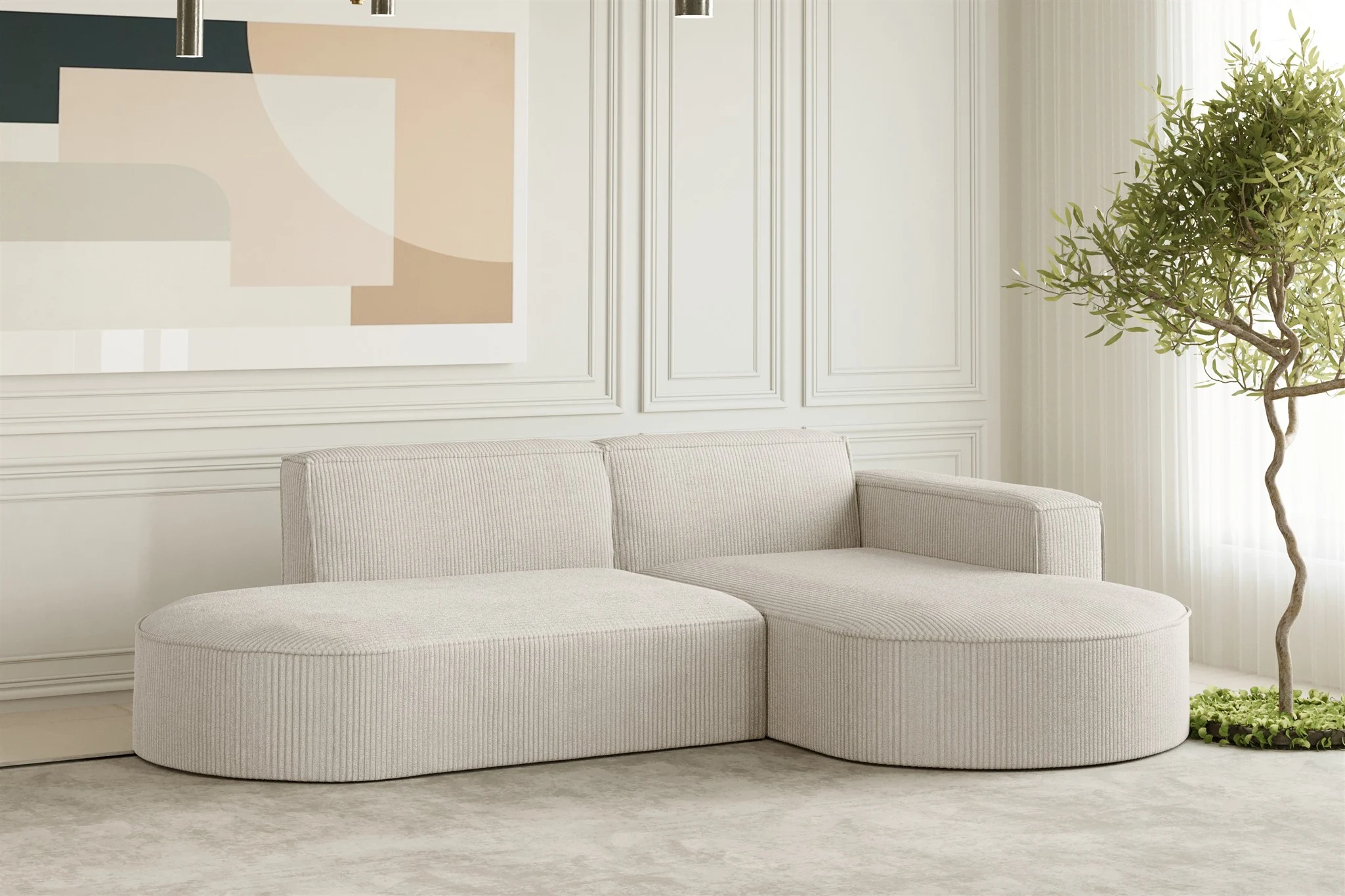 Ecksofa Designersofa PALMA XS in Stoff Scala Sand Ottomane Rechts - Fun Moebel