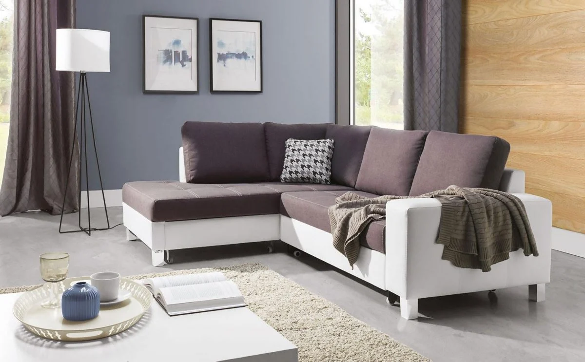 Ecksofa Schlafsofa PABLO Weiss / Braun Ottomane Links - Fun Moebel