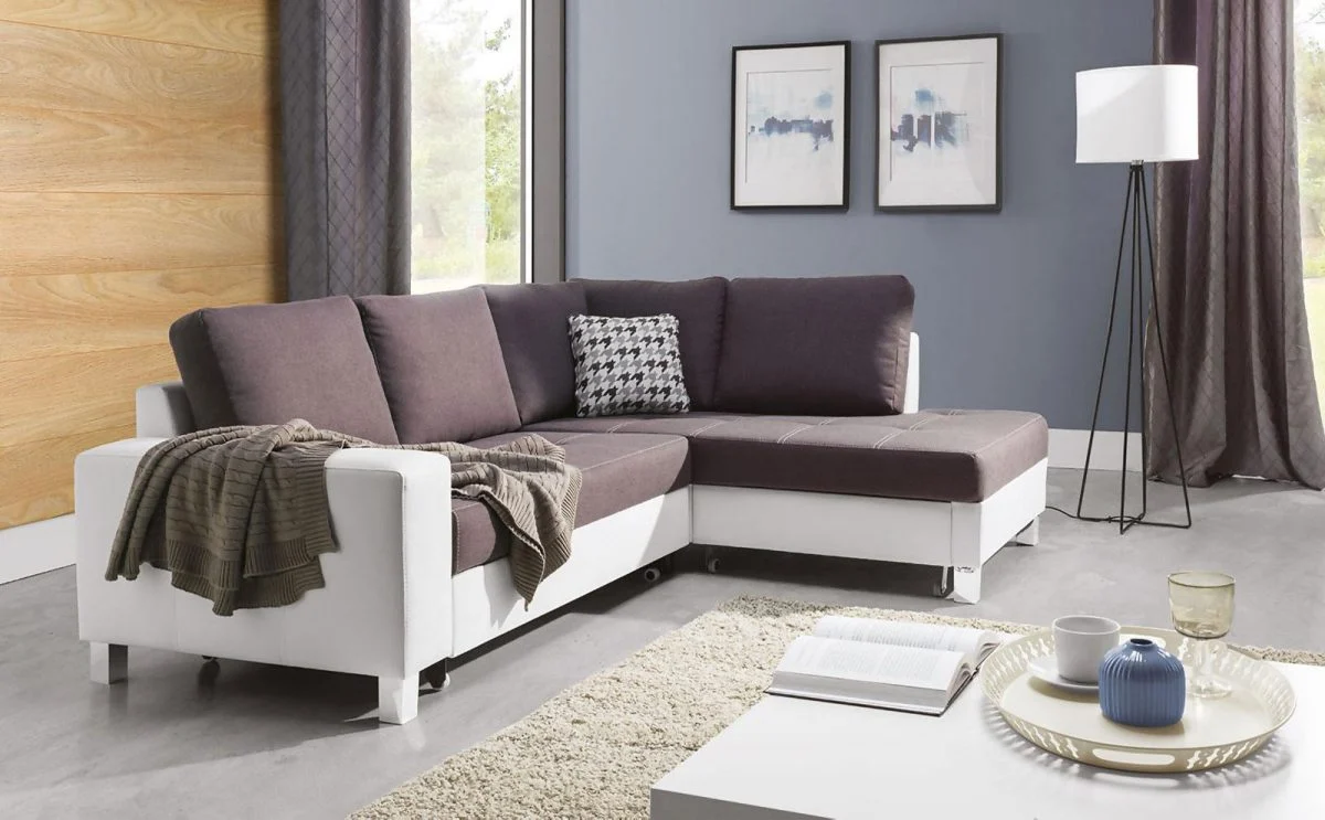 Ecksofa Schlafsofa PABLO Weiss / Braun Ottomane Rechts - Fun Moebel
