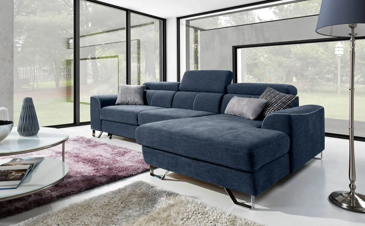 Ecksofa Schlafsofa PAZZO Polyesterstoff Blau Ottomane Rechts - Fun Moebel