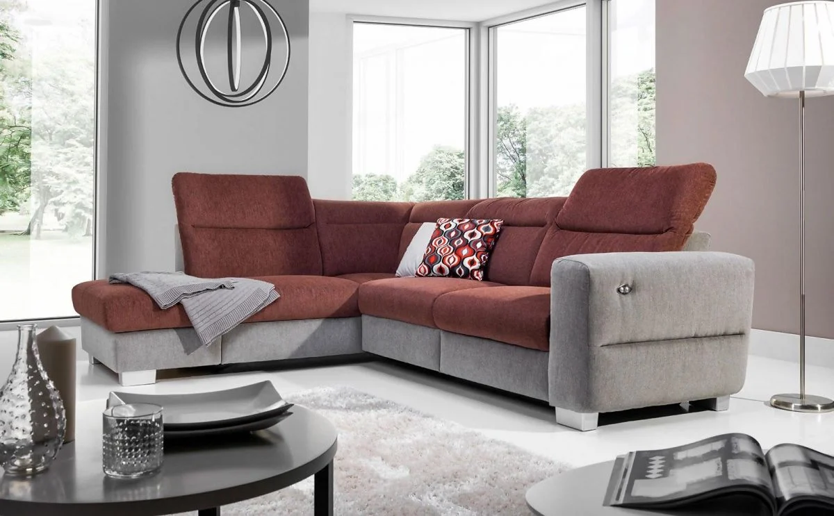 Ecksofa Sofa RELAX Polyesterstoff Grau/ Braun Ottomane Links - Fun Moebel