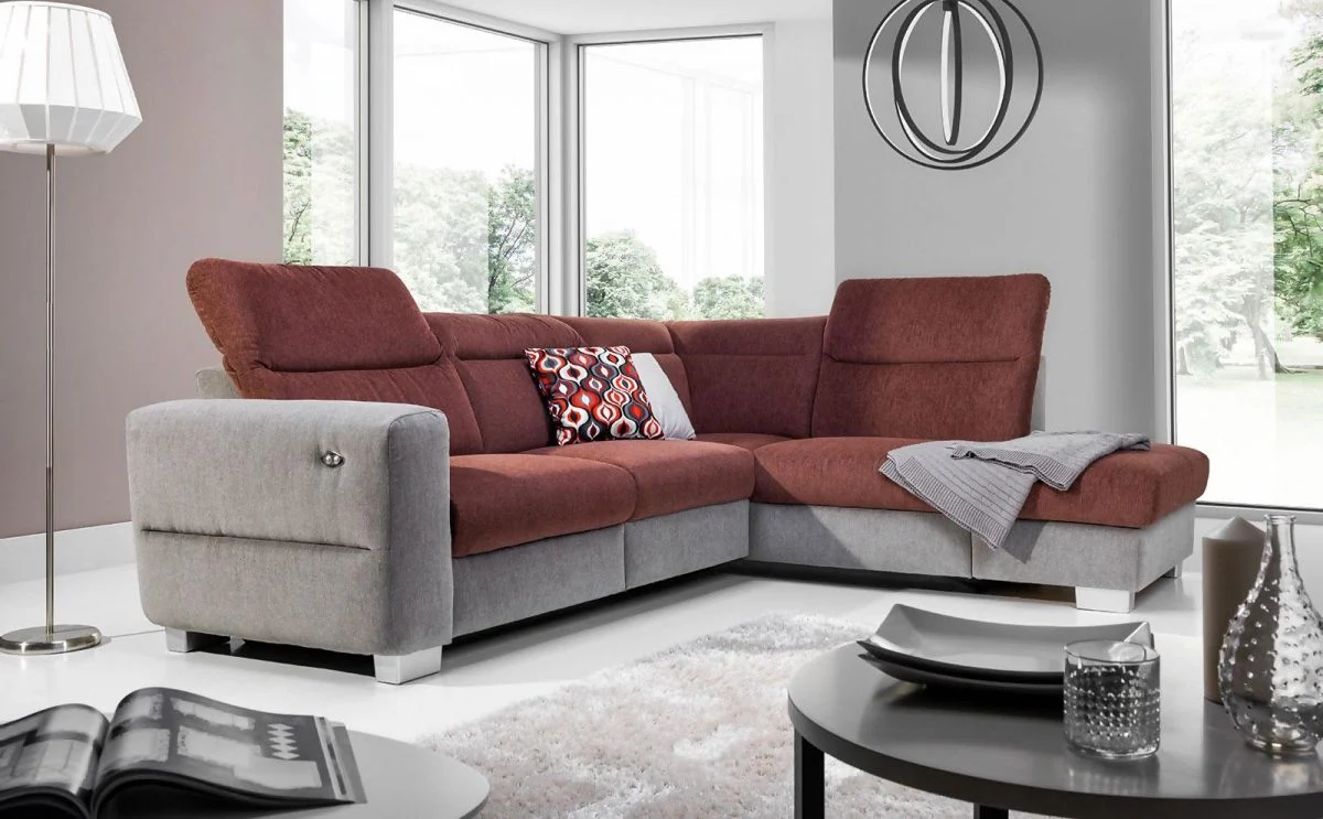Ecksofa Sofa RELAX Polyesterstoff Grau/ Braun Ottomane Rechts - Fun Moebel
