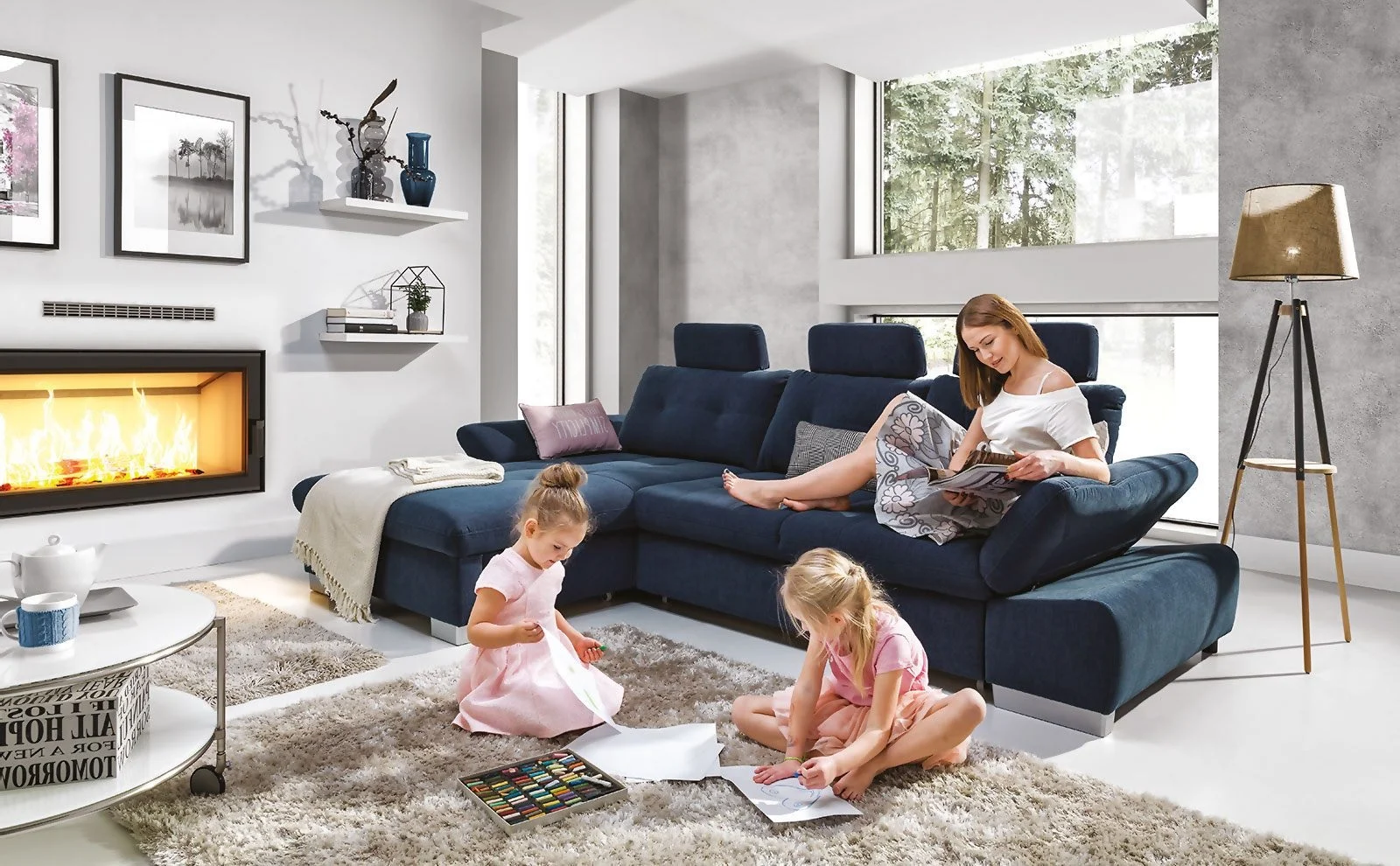 Ecksofa Schlafsofa REMON Polyesterstoff Blau Ottomane Links - Fun Moebel