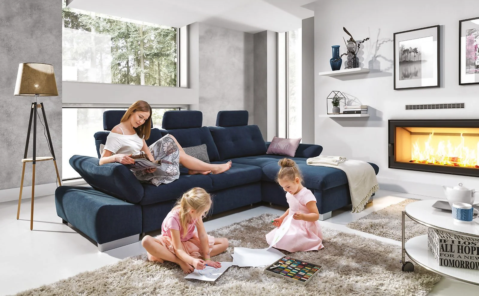 Ecksofa Schlafsofa REMON Polyesterstoff Blau Ottomane Rechts - Fun Moebel
