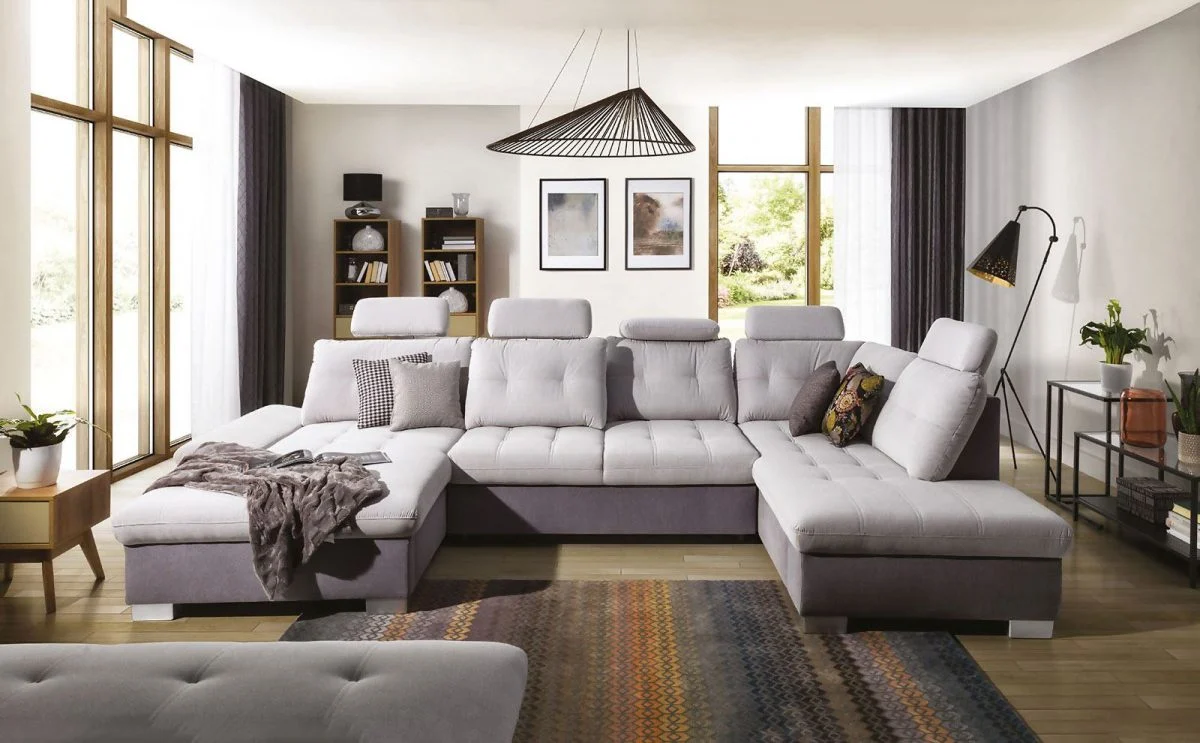 Couchgarnitur REMON mit Schlaffunktion Ottomane Links Grau/ Hellgrau - Fun Moebel