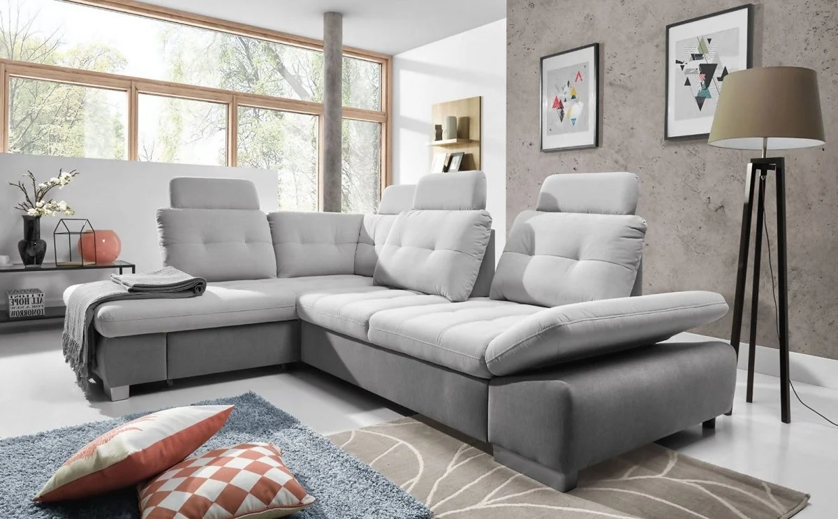 Ecksofa Schlafsofa REMON XL Grau/ Hellgrau Ottomane Links - Fun Moebel