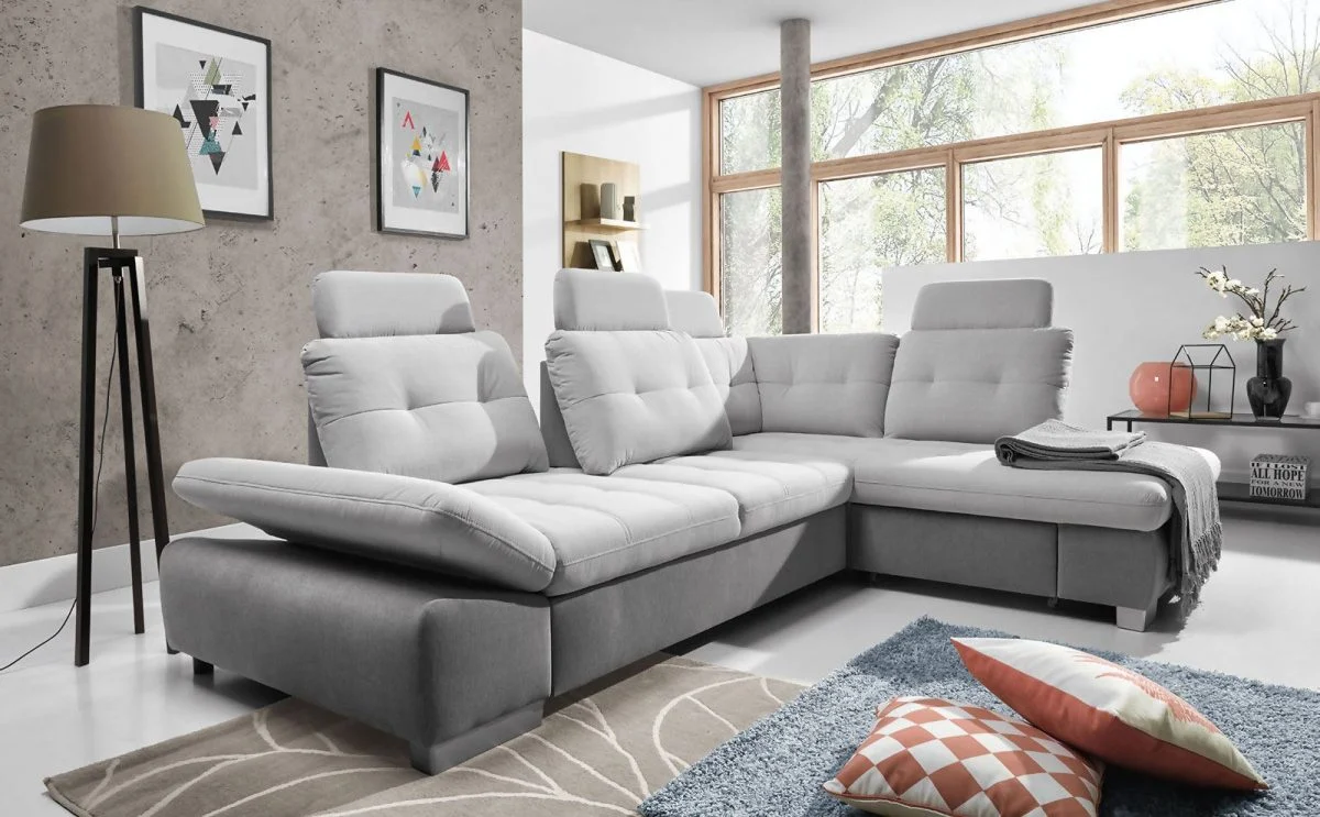 Ecksofa Schlafsofa REMON XL Grau/ Hellgrau Ottomane Rechts - Fun Moebel