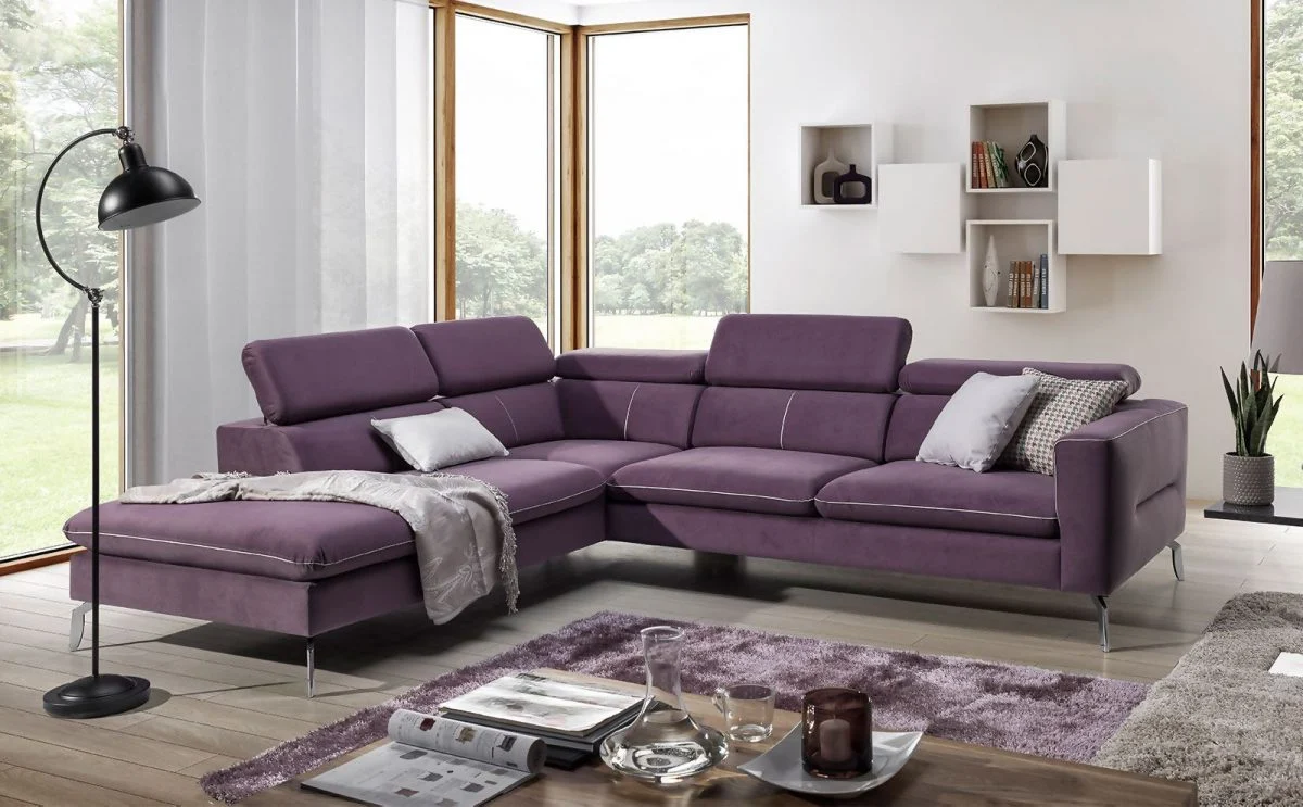 Ecksofa Sofa REZA Polyesterstoff Violett Ottomane Links - Fun Moebel