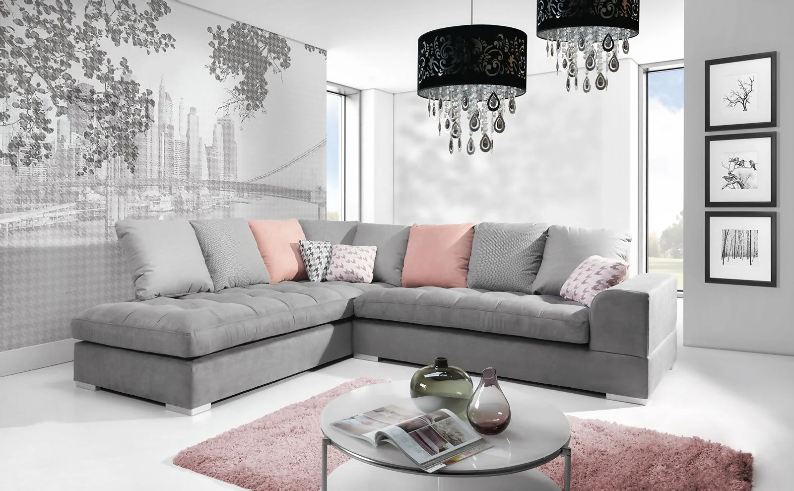 Ecksofa Sofa SANI Polyesterstoff Hellgrau Ottomane Links - Fun Moebel