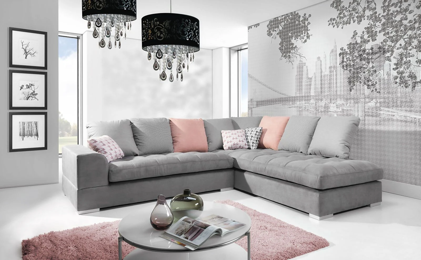 Ecksofa Sofa SANI Polyesterstoff Hellgrau Ottomane Rechts - Fun Moebel