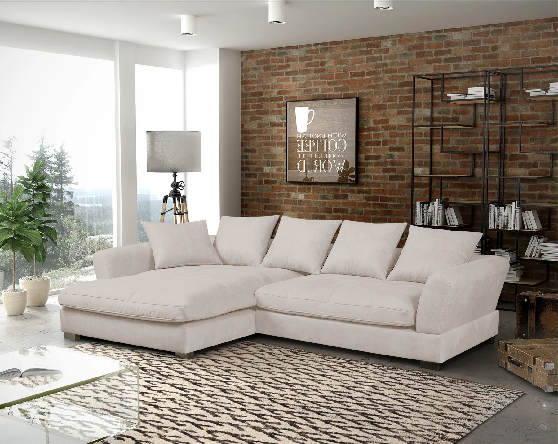 Ecksofa Couchgarnitur TIZIAN in Stoff Salvador Beige Ottomane Links - Fun Möbel