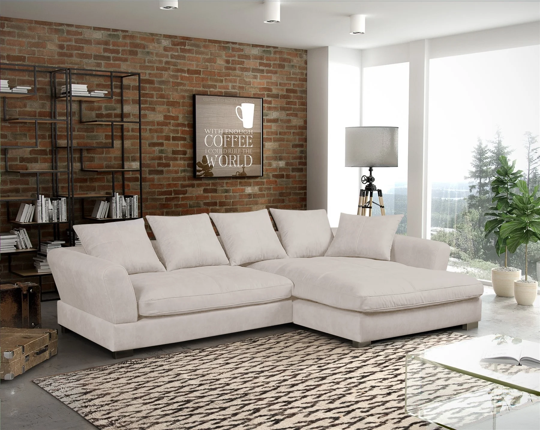 Ecksofa Couchgarnitur TIZIAN in Stoff Salvador Beige Ottomane Rechts - Fun Möbel
