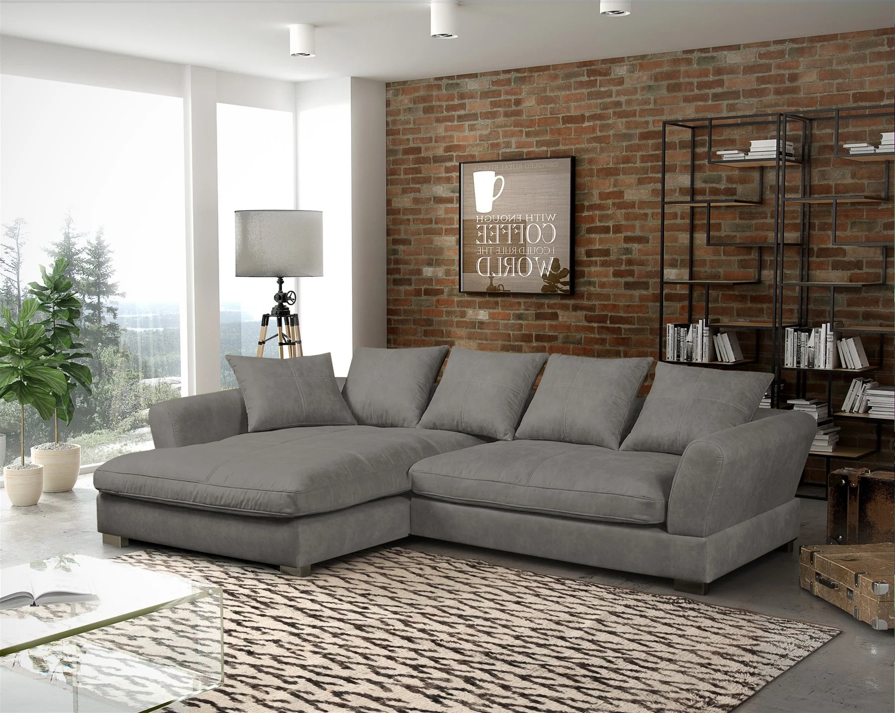 Ecksofa Couchgarnitur TIZIAN in Stoff Salvador Silbergrau Ottomane Links - Fun Möbel